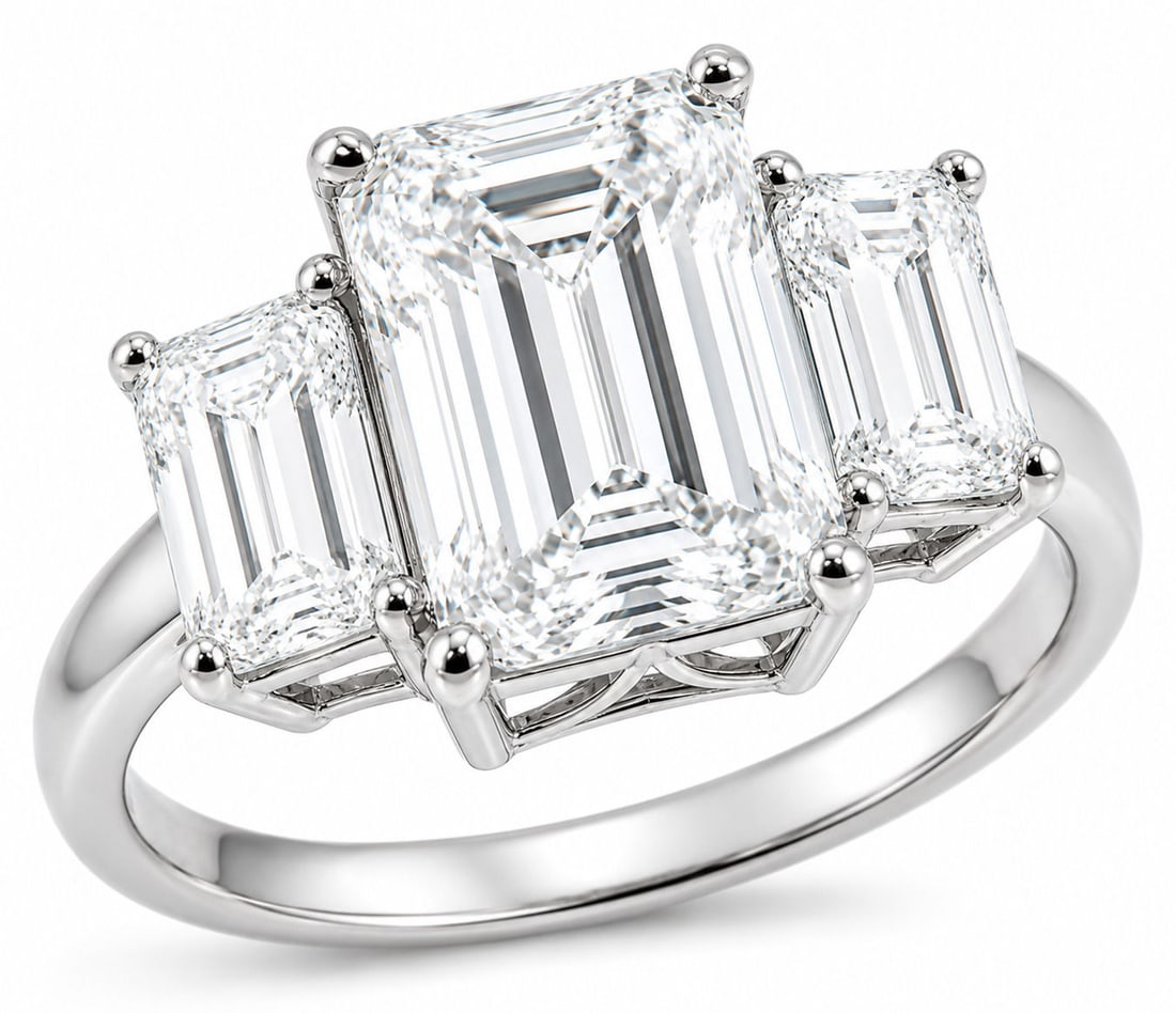 Oscar Friedman 14K White Gold Three-Stone Laboratory-Grown Diamond Ring: Designer: Oscar Friedman Size:6 3/4 Metal: 14K White Gold Total Ring Gross Weight: 7.09 Grams Center Stone: One Emerald Cut Laboratory Grown Diamond Center Diamond Weight: 5.01 Carats Center Diamond C