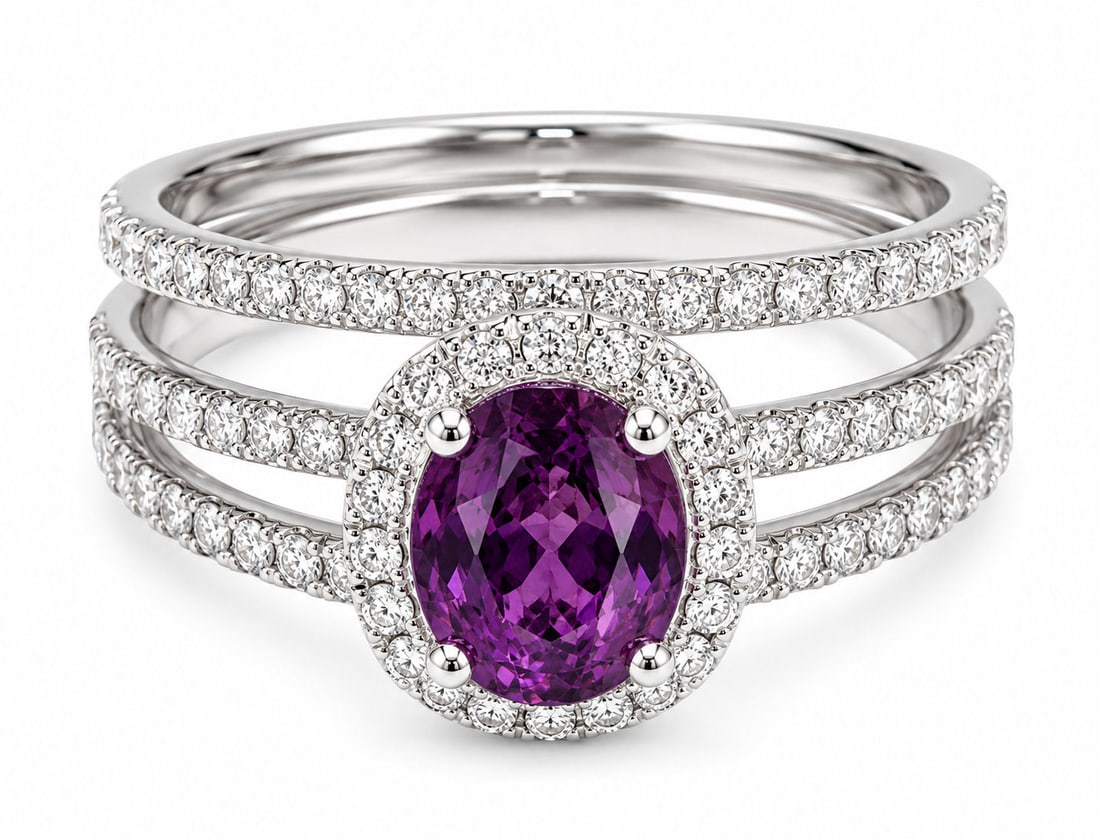 GIA Certified No Heat Kashmir Sapphire 14K White Gold Diamond Halo Bridal Ring Set: Metal: 14K White Gold Size:6 Gross Weight: Approximately 4.3 Grams Center Stone: One Cushion Brilliant Cut Natural Unheated Kashmir Sapphire Center Stone Weight: 1.50 Carats Center Stone Color: Purpli