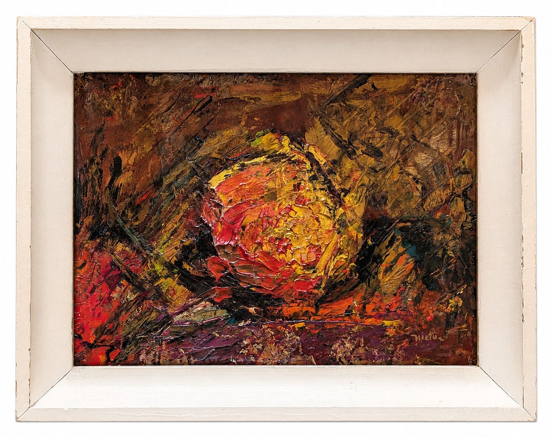 Rodolfo Nieto ( 1936 - 1985 ) Mexico: Rodolfo Nieto ( 1936 - 1985 ) Mexico Oil on Paper on Board Measure 9 3/4"in H 13"in W and 12"in H x 15 1/2"in W framed Known for: Painting, engraving, lithography Biography: Was a celebrated Mexican p