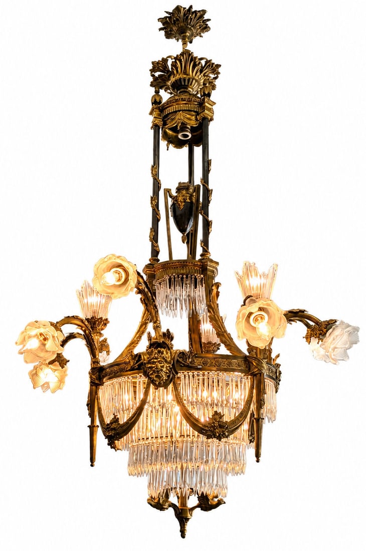 Monumental French Louis XVI Style Gilt Bronze and Crystal Chandelier with Opaline Rose Shades (1 of 7)