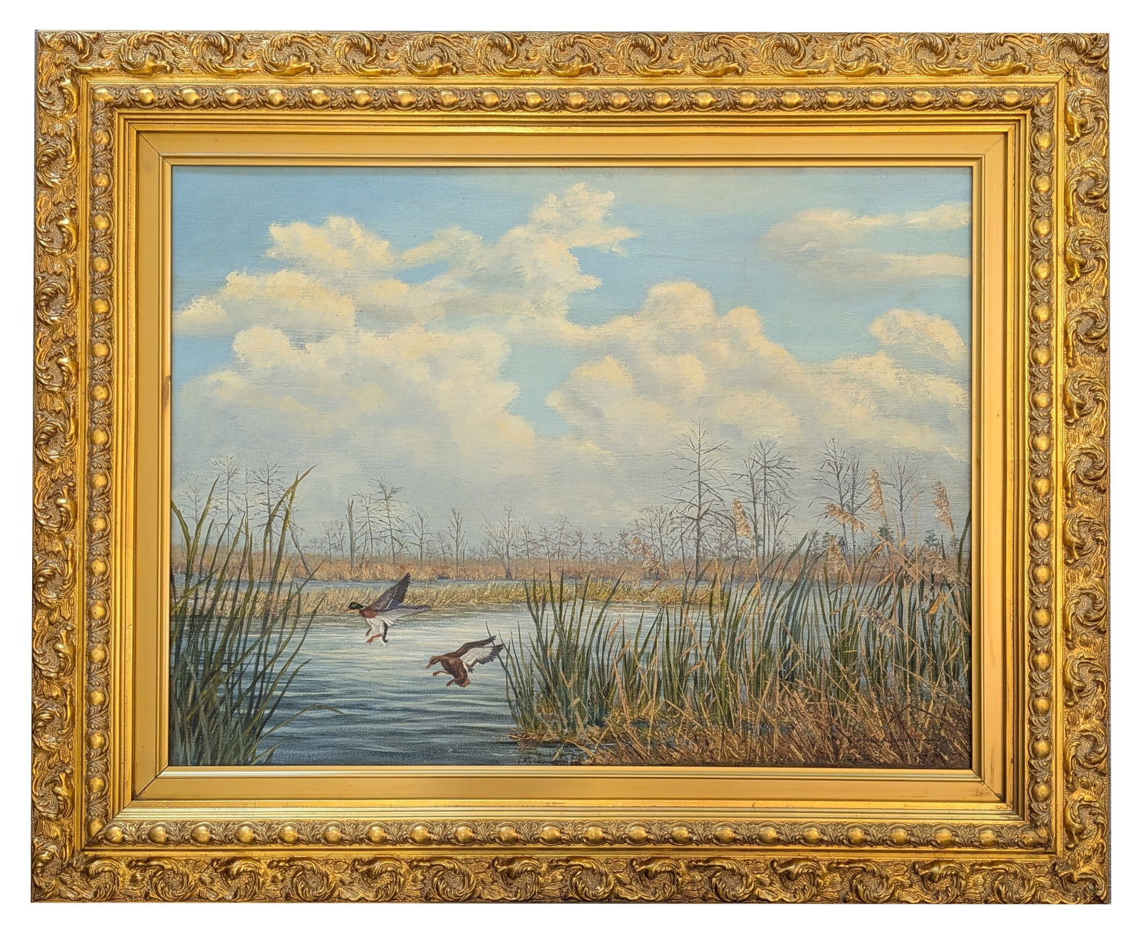 Harry Curieux Adamson (1916 - 2012) American: Harry Curieux Adamson (1916 - 2012) American Oil on Canvas Measure 18"in H x 24"in W and 31 1/2"in H x 25 1/2"in W framed Known for: Wildlife, waterfowl, landscape and animal painting Biography: Harry