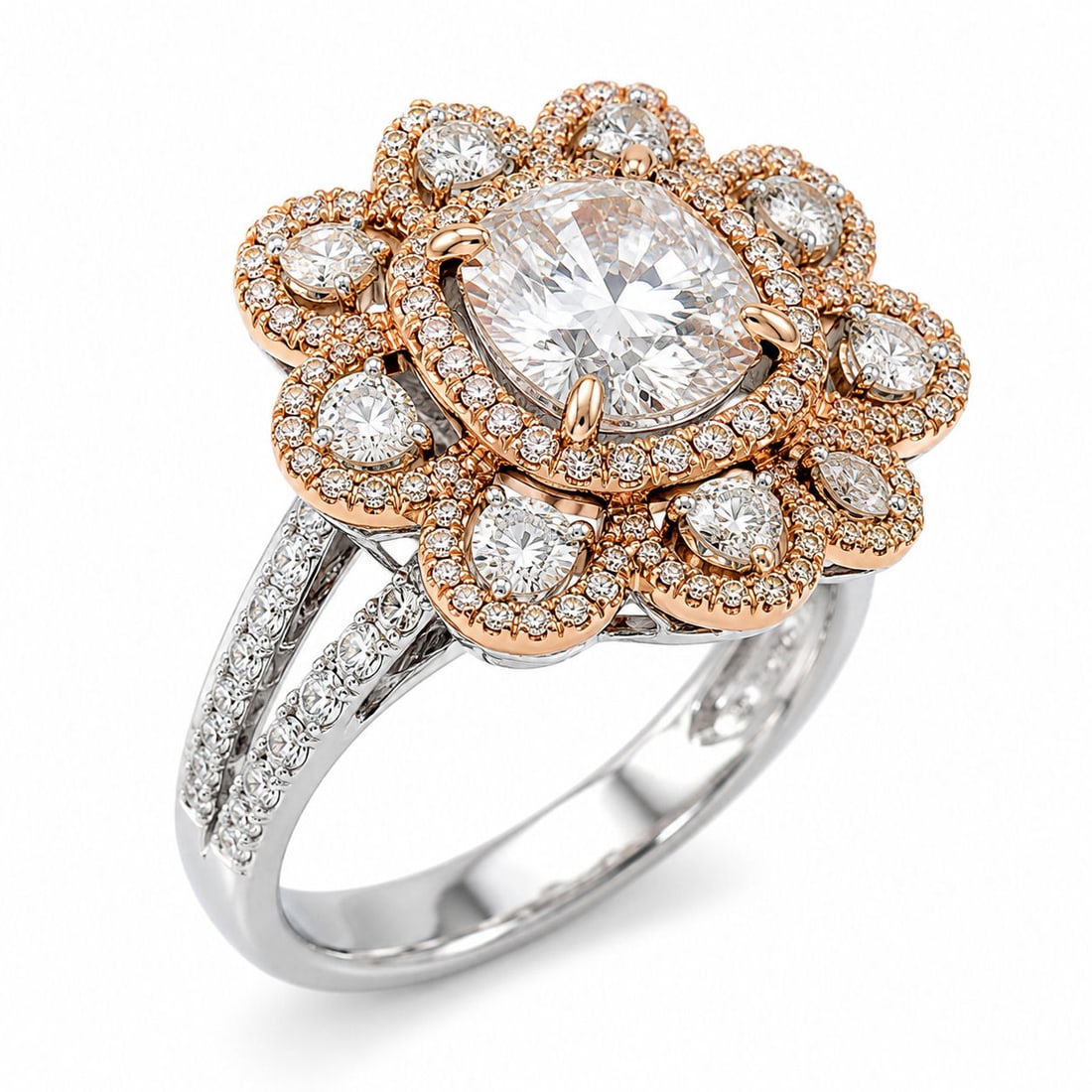 Hana 18K Two Tone Gold 2.54 CT Natural Diamond Ring with Pink & White Diamond Halo: Designer: Hana Size:6 1/2 Metal: 18K White and Rose Gold Total Ring Gross Weight: 9.2 Grams Center Stone: One Round Brilliant Cut Natural Diamond Center Diamond Weight: 2.54 Carats Center Diamond Colo
