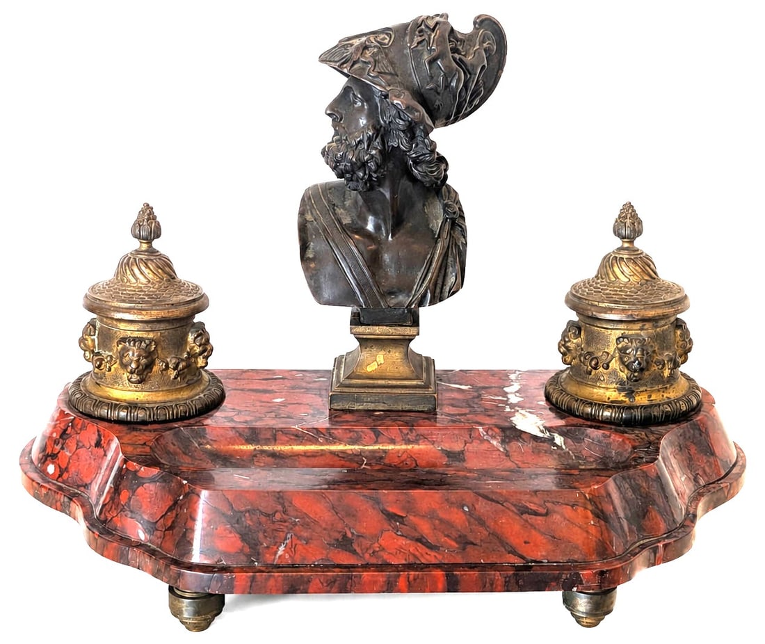 Antique French Bronze & Rouge Marble Desk Garniture with Classical Warrior Bust and Inkwells (1 of 5)