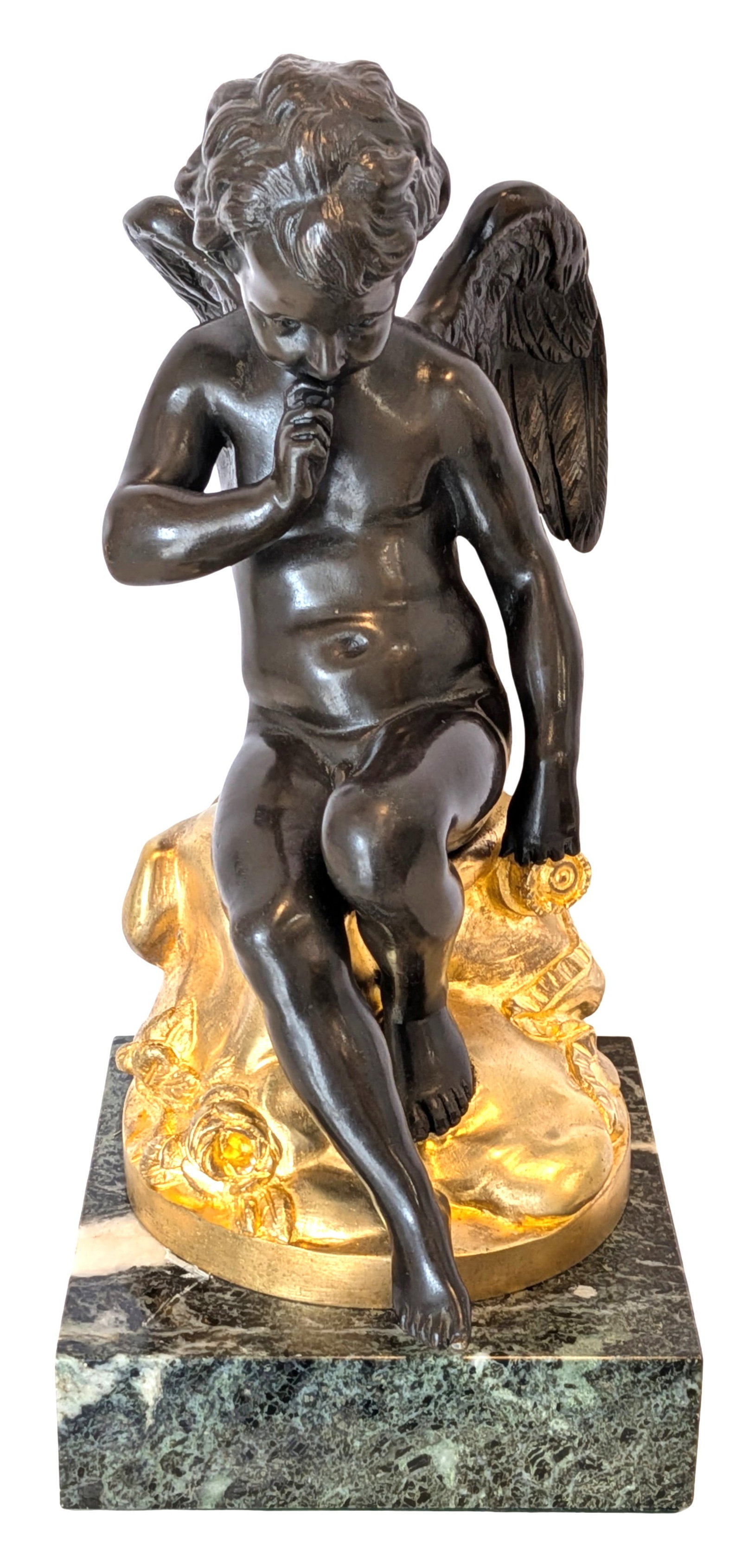 Etienne Maurice Falconet ( 1716 - 1791 ) France: Etienne Maurice Falconet ( 1716 - 1791 ) France Title: Threatening Love Bronze Sculpture with Marble Base Measure 12"in H x 8 3/4"in W Base Measure 5 1/2"in H x 6"in W Known for: Rococo marble and por