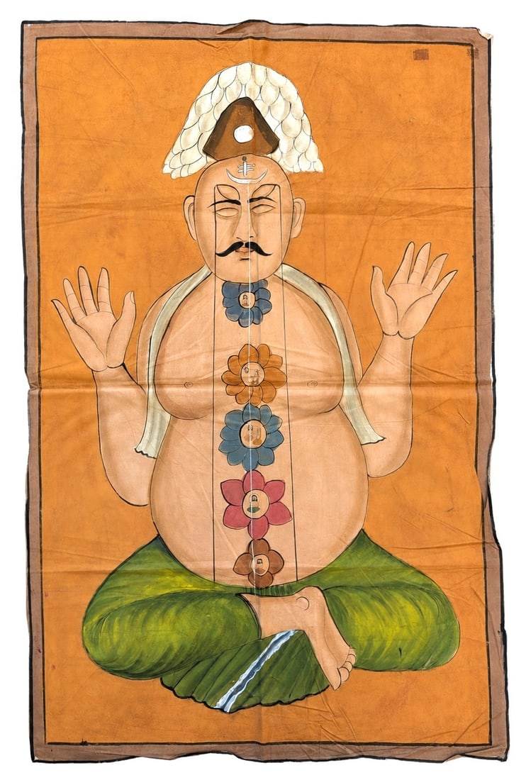 Antique Tibetan Buddhist Thangka Depicting the Chakras (Cakra) Meditation Diagram: An antique Tibetan Buddhist thangka depicting a seated tantric figure illustrated as a meditation and chakra ( cakra ) diagram. The central figure is shown in a cross legged pose with raised hands, di