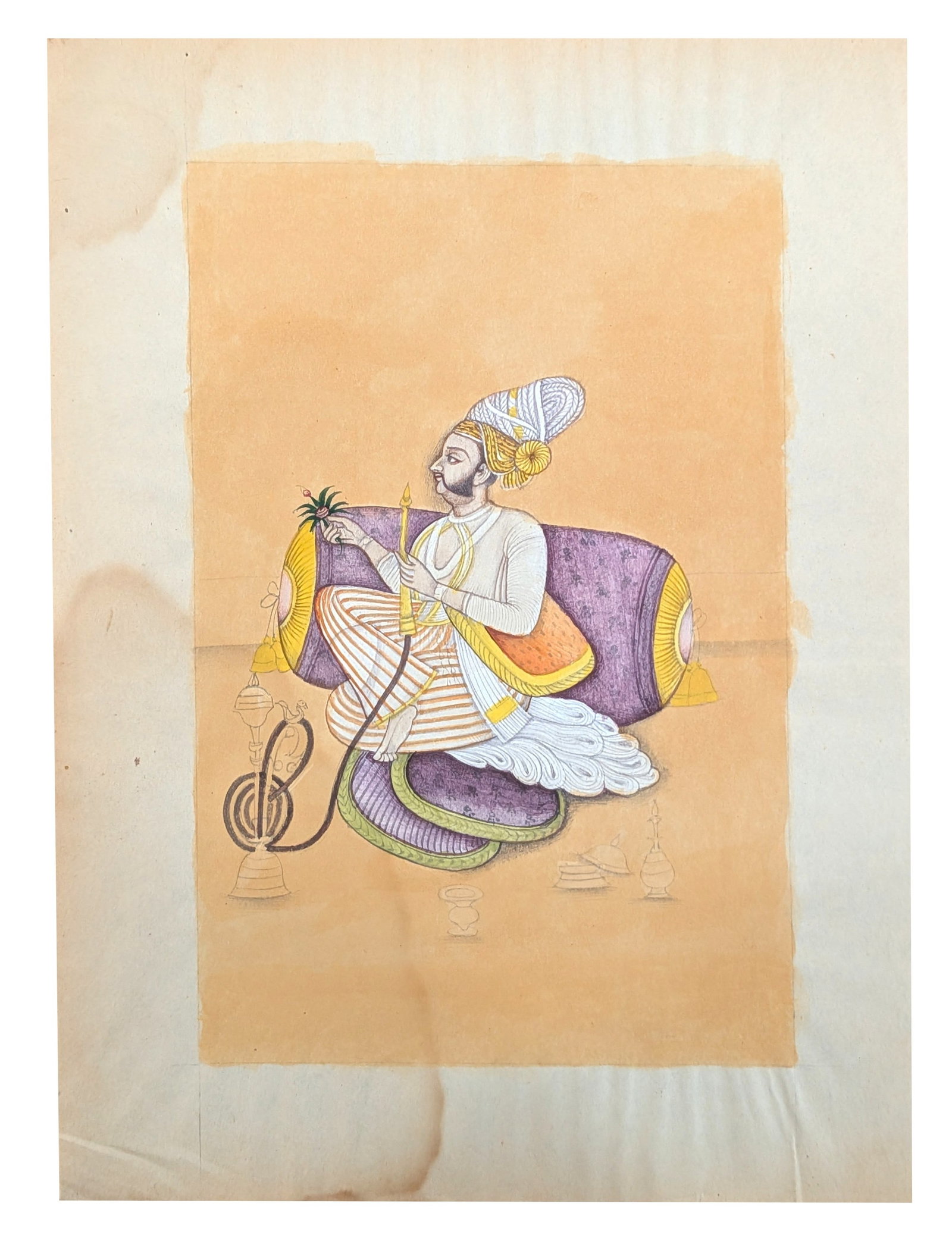 Indian Miniature Painting of a Nobleman Seated on a Bolster with Hookah (1 of 4)