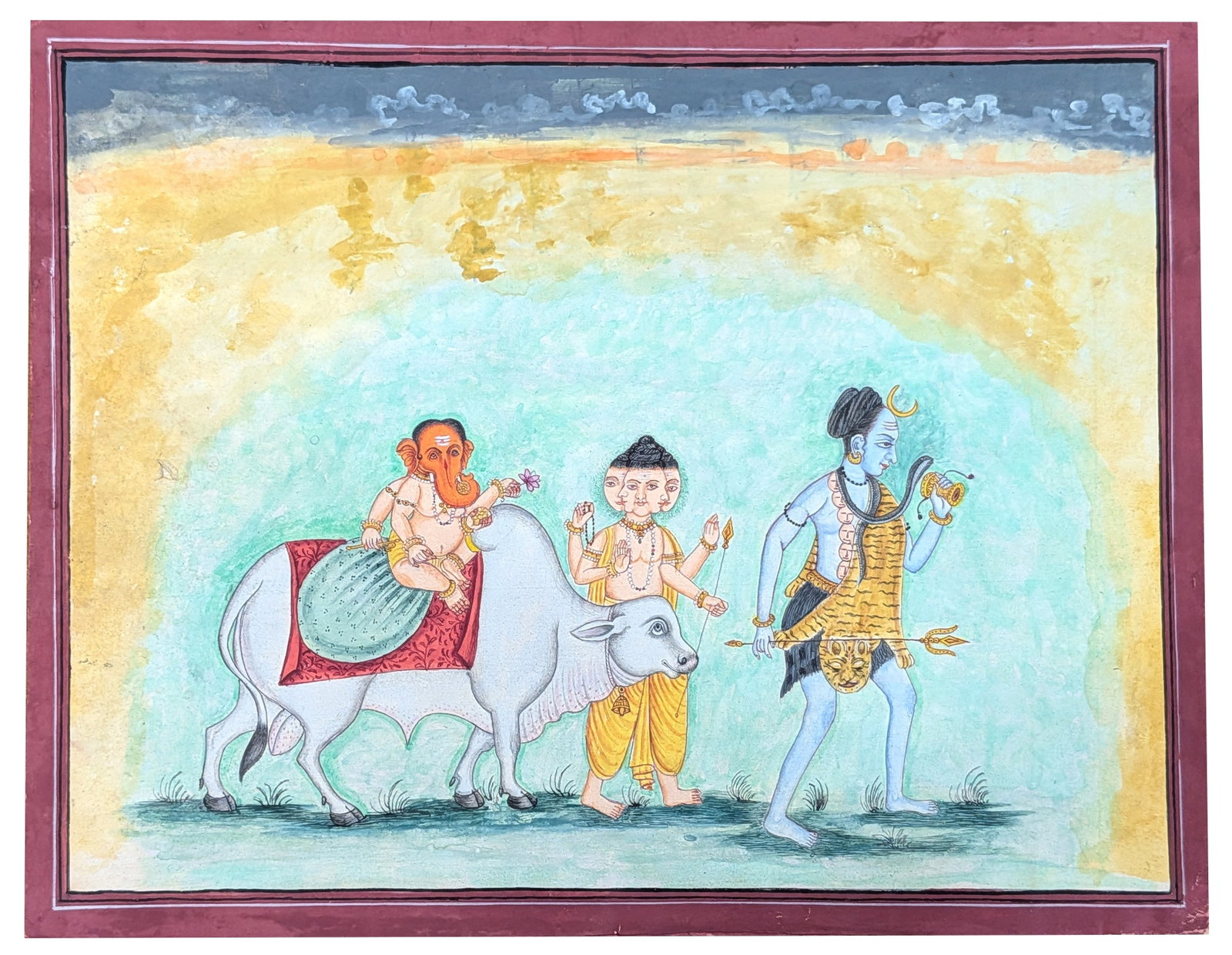Indian Miniature Painting Depicting Shiva, Ganesha, and Kartikeya: Indian miniature painting depicting a sacred procession of Hindu deities. At right, the blue-skinned god Shiva strides forward holding a trident and a small drum ( damaru ), adorned with a tiger skin 