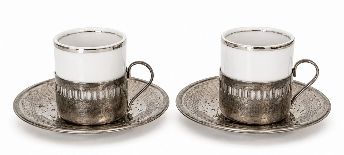 Pair of Silverplate Glass Tea Cups with Pierced Holders & Saucers (1 of 2)