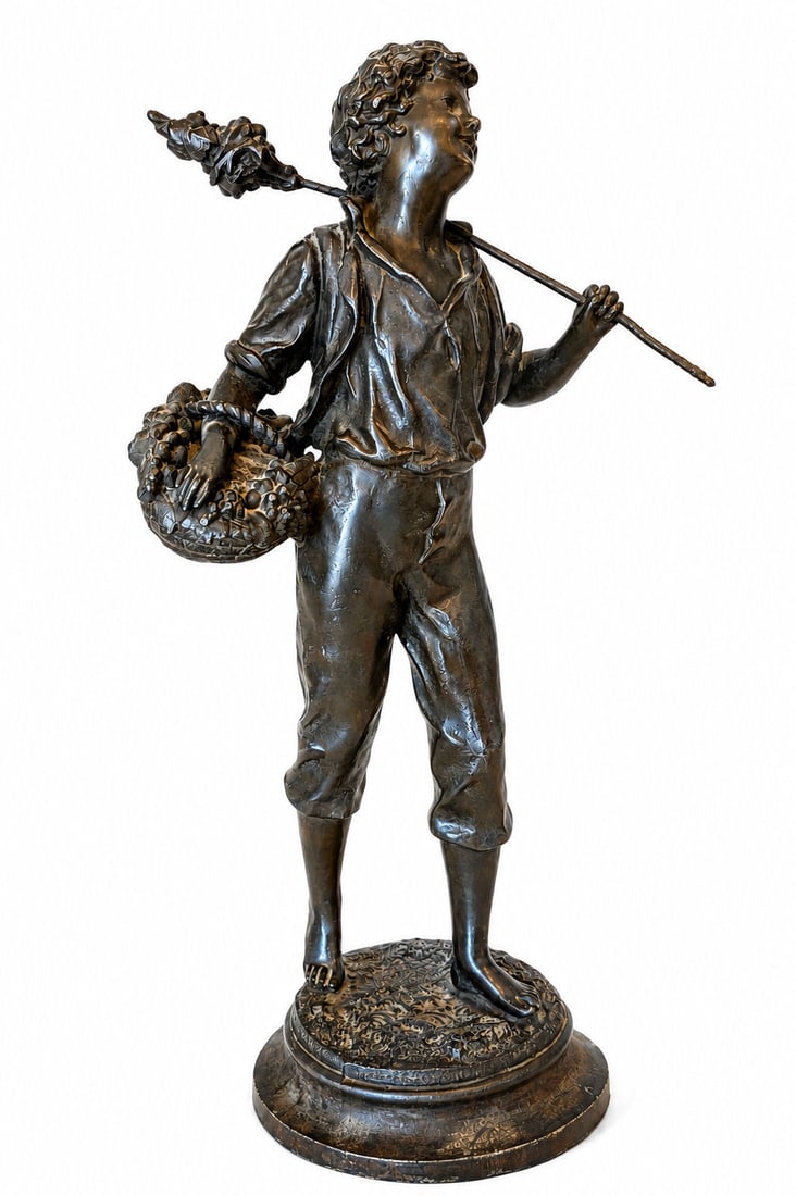 Large Patinated Bronze Figure of a Young Harvest Boy with Fruit Basket (1 of 5)