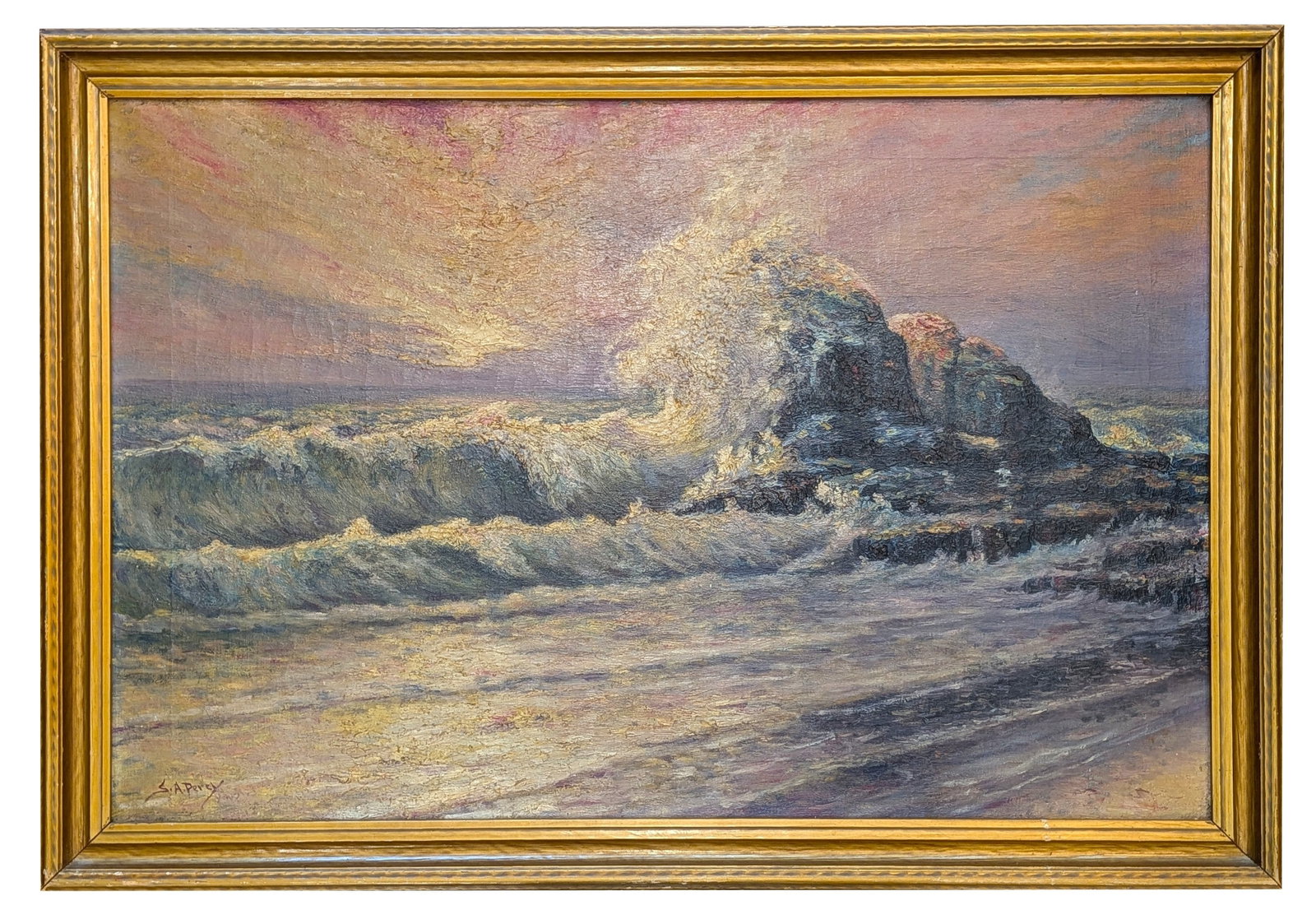 S. A. Percy, Coastal Seascape with Crashing Waves, Oil on Canvas: Oil on canvas depicting a dramatic coastal seascape with powerful waves crashing against rocky outcroppings beneath a luminous pastel sky. Executed with expressive brushwork and rich impasto, the comp