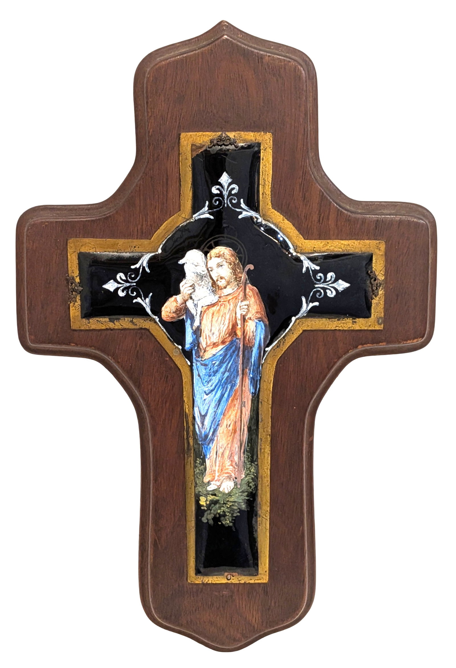 French Hand Painted Faience Wall Cross Depicting the Good Shepherd (1 of 4)
