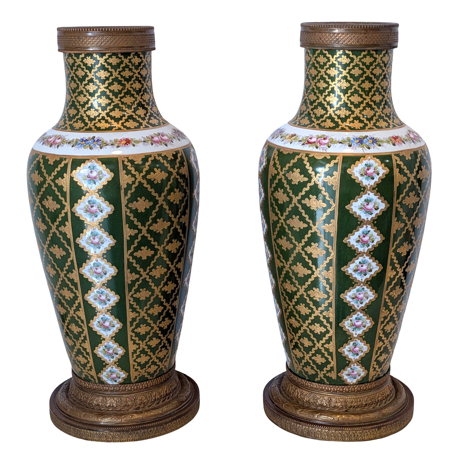 Pair of French Sevres Porcelain Vases with Gilt Bronze Mounts and Green Ground Floral Decoration (1 of 4)
