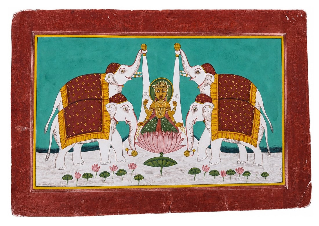 Indian Miniature Painting of Goddess Lakshmi with Four White Elephants (1 of 4)