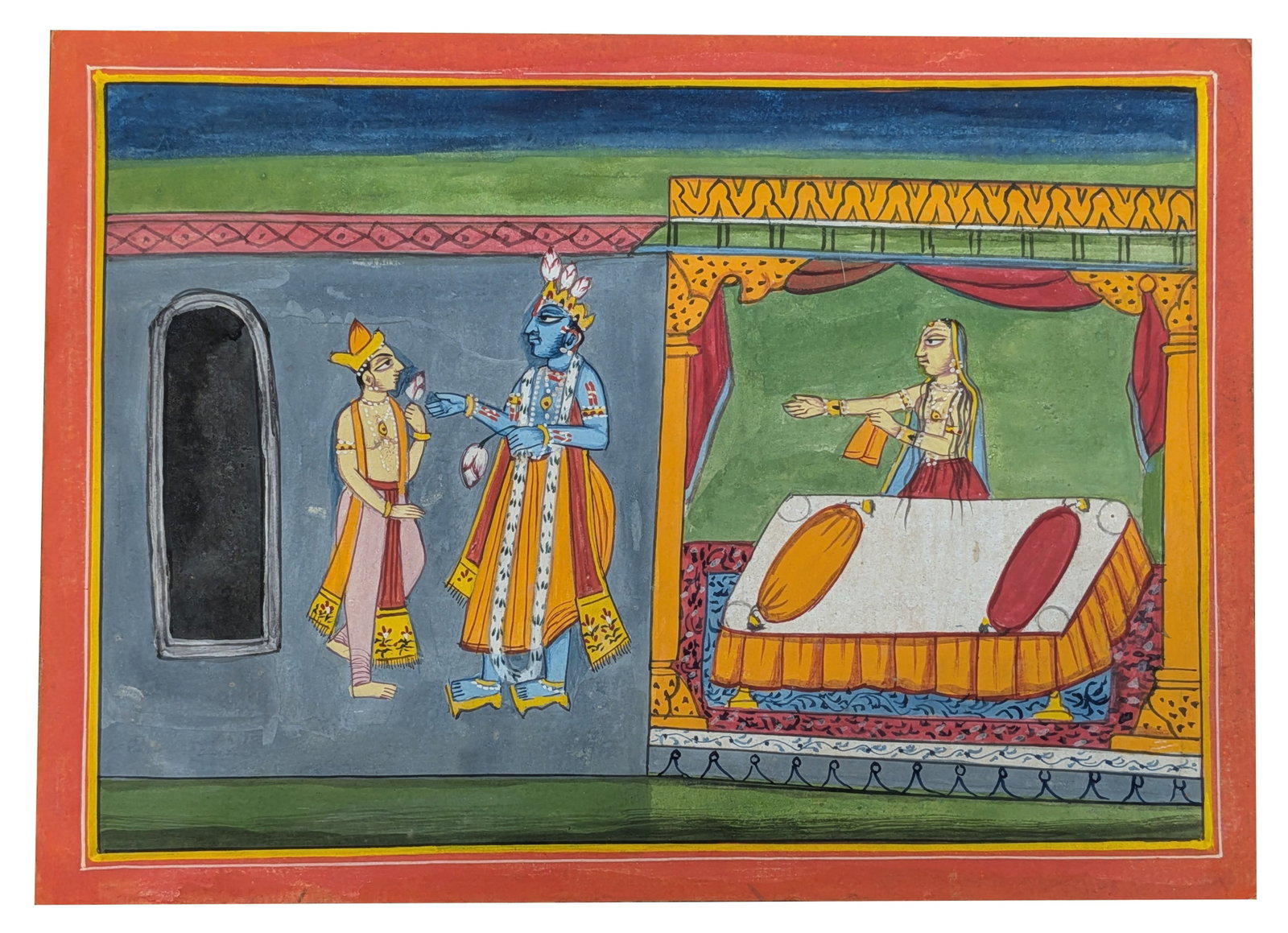 Indian Miniature Painting Depicting Krishna in an Interior Court Scene: Traditional Indian miniature painting executed in opaque watercolor on handmade paper, depicting the Hindu deity Krishna, identified by his blue complexion and peacock feather crown, conversing with a