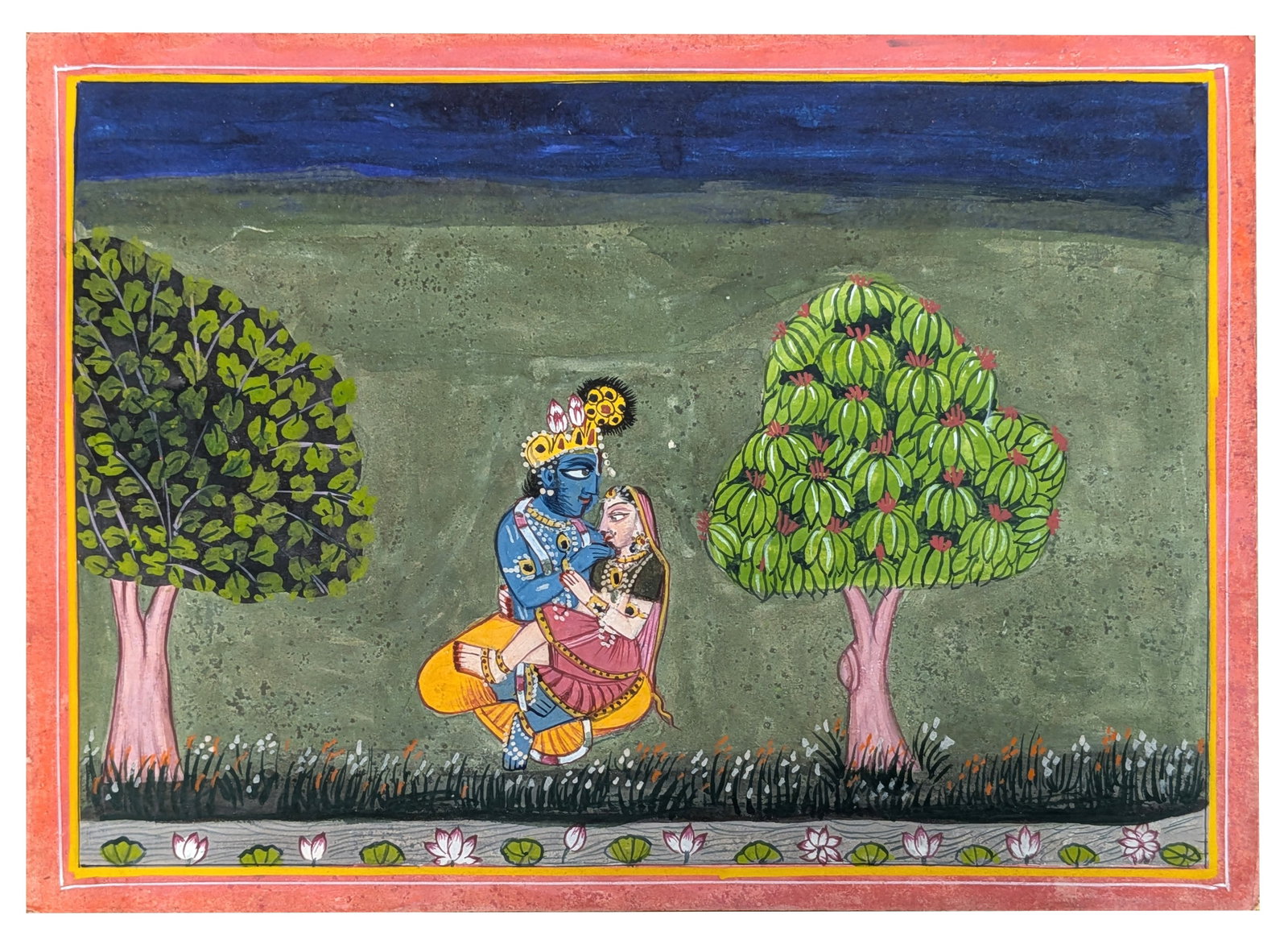 Indian Miniature Painting of Krishna and Radha in an Embrace (1 of 4)