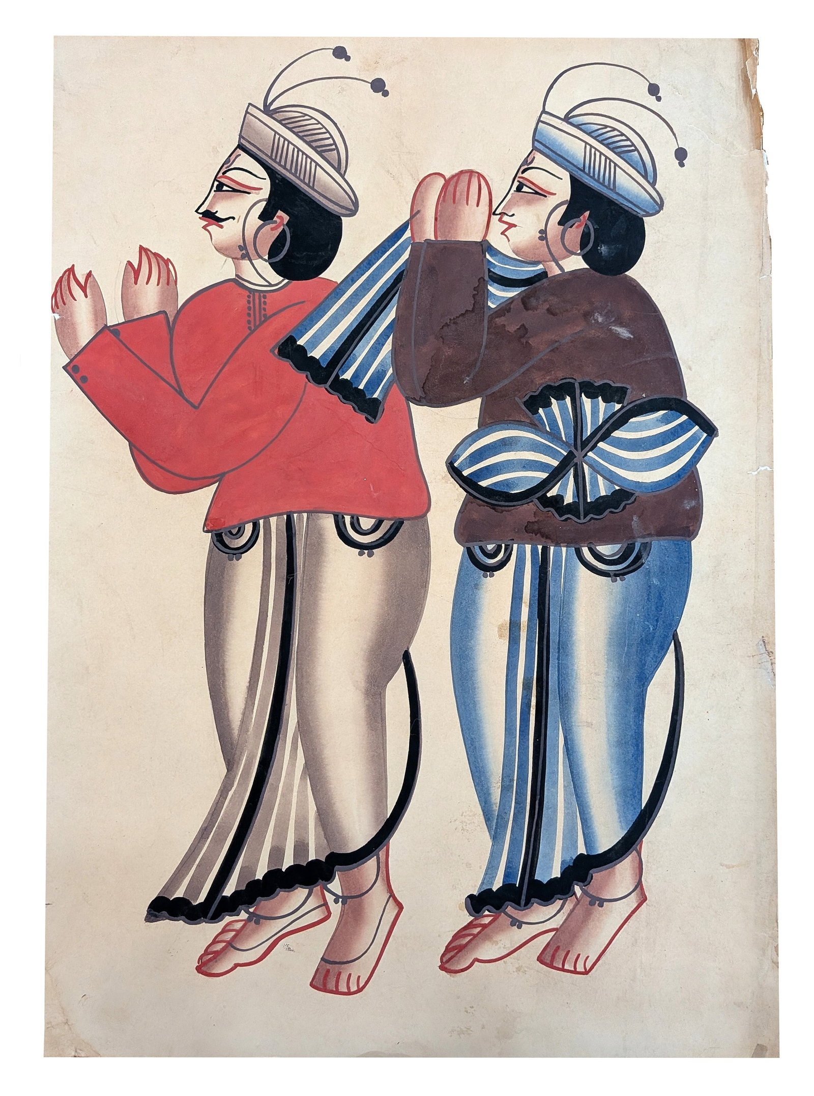 Indian Miniature Painting of Two Court Attendants: Traditional Indian miniature painting executed in opaque watercolor on handmade paper depicting two standing court attendants or noblemen shown in profile with hands clasped in a gesture of respect or