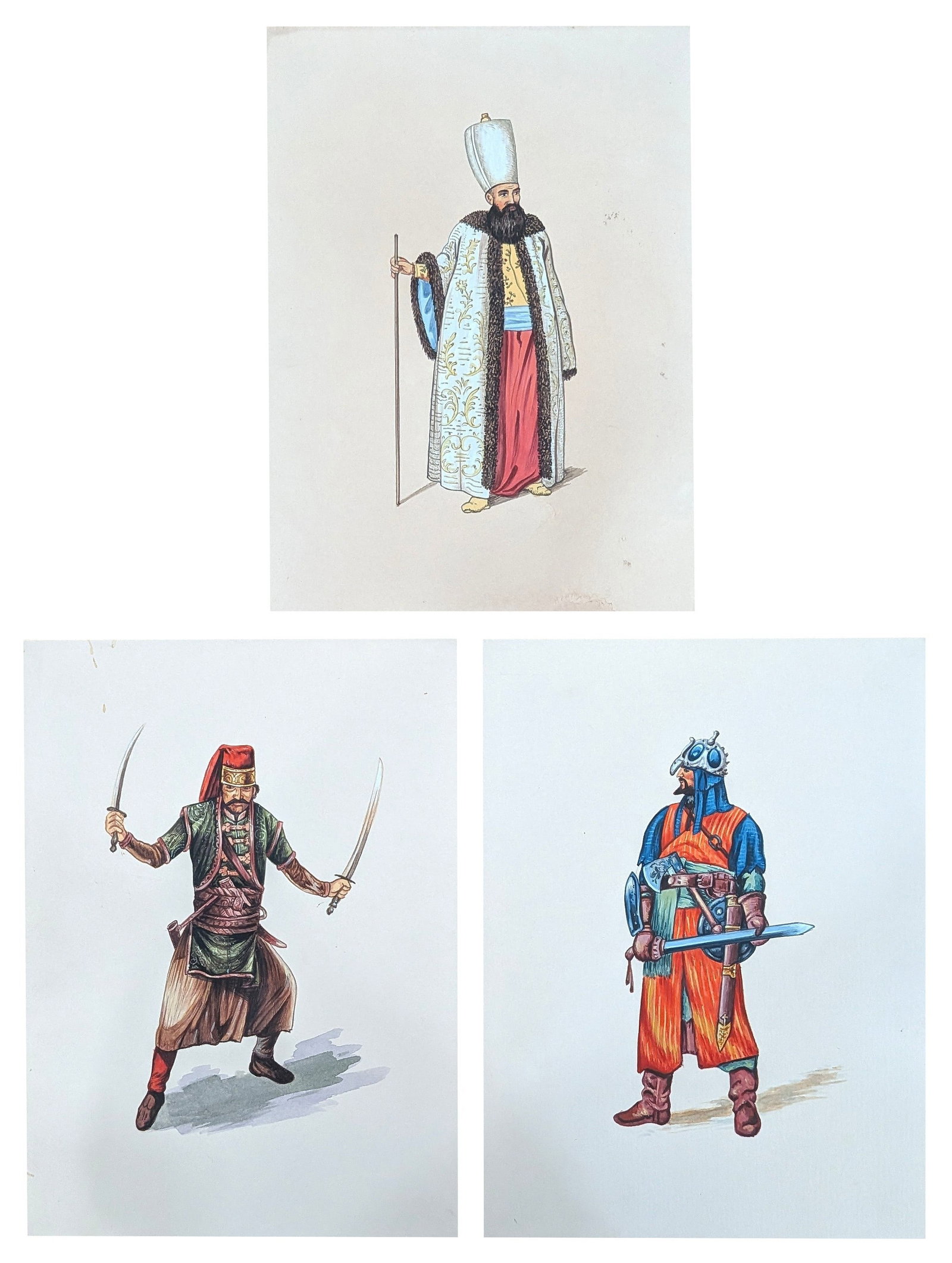 Set of Three Ottoman Costume Studies: Set of three watercolor costume studies on paper depicting figures in traditional Ottoman dress, including a dignitary in an elaborate fur-trimmed ceremonial robe and tall white headdress, a warrior a