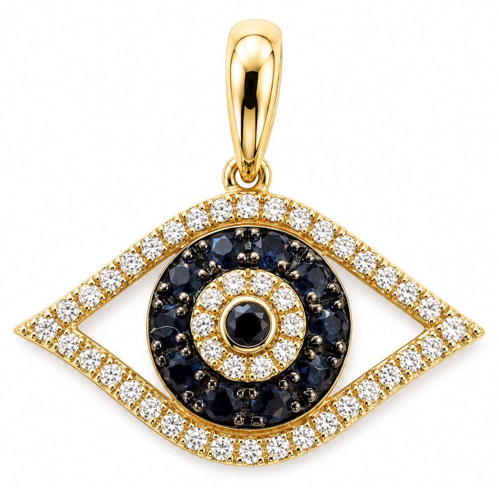 14K Yellow Gold Sapphire and Diamond Evil Eye Pendant: Elegant 14K yellow gold Evil Eye pendant set with round cut blue sapphires and round brilliant cut diamonds in a classic protective eye motif. The openwork eye shaped frame is accented by a diamond ha