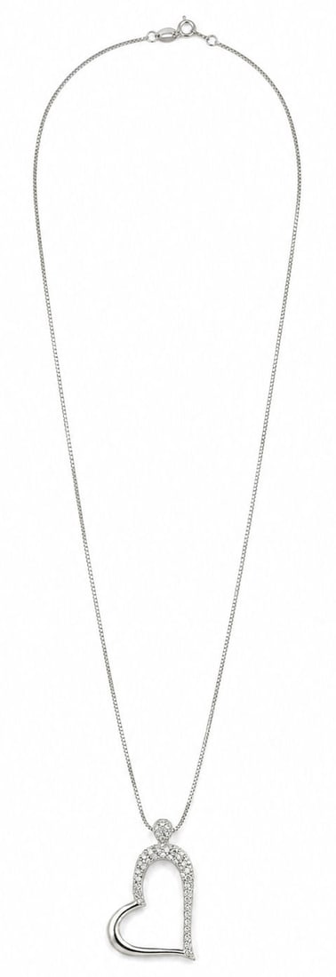 10K White Gold Diamond Open Heart Pendant Necklace: Crafted in 10K white gold, this elegant necklace features a graceful open heart pendant accented with round diamonds along one side, creating a sparkling asymmetrical design. The pendant is suspended 