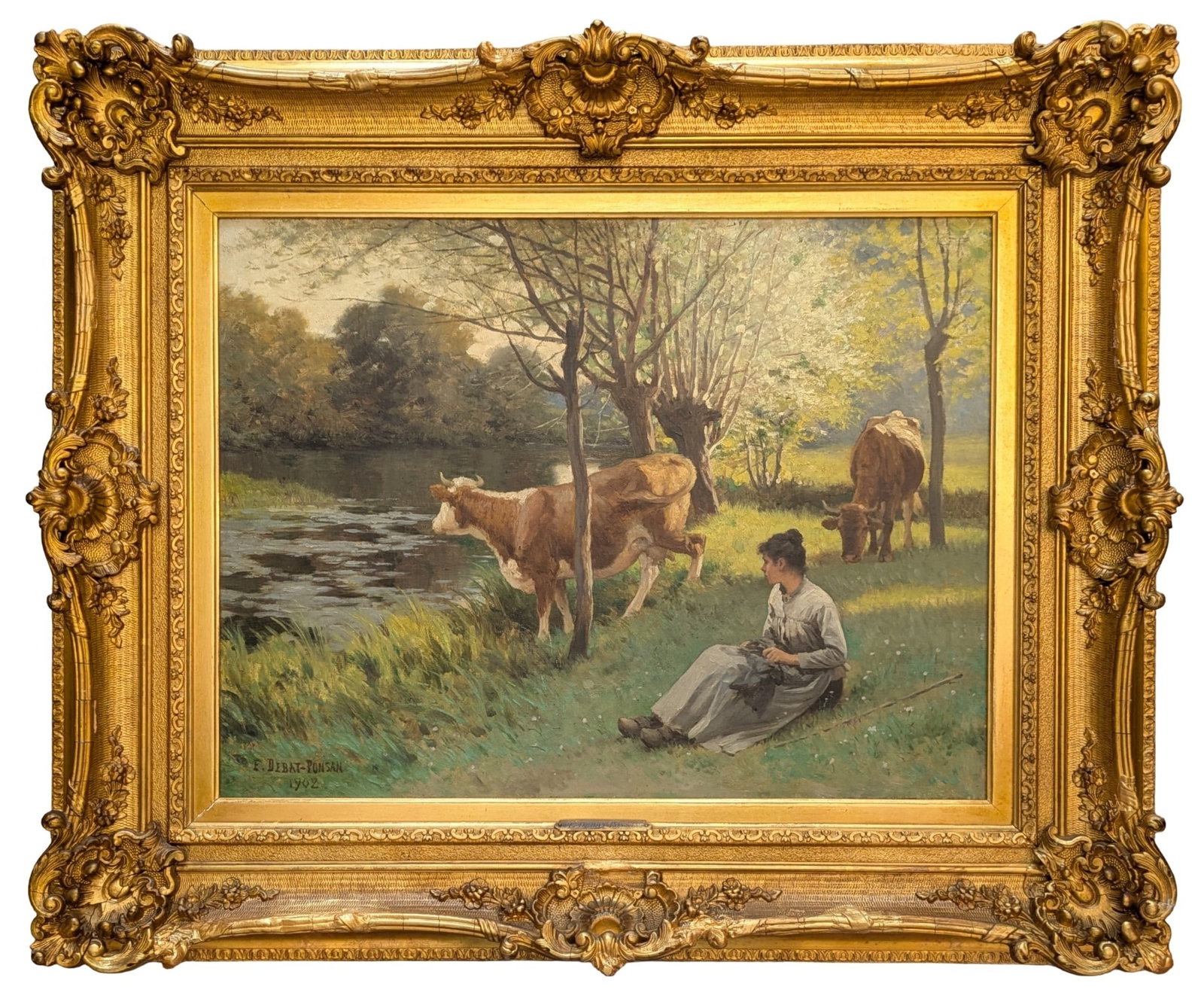 Edouard Debat Ponsan ( 1847 - 1913 ) French: Edouard Debat Ponsan ( 1847 - 1913 ) French Title: A Woman and Cattle on a Riverbank Oil on Canvas Measure 21"in H x 27 1/2"in W and 30"in H x 36"in W x 2 3/4"in D framed Known for: Landscape and genr