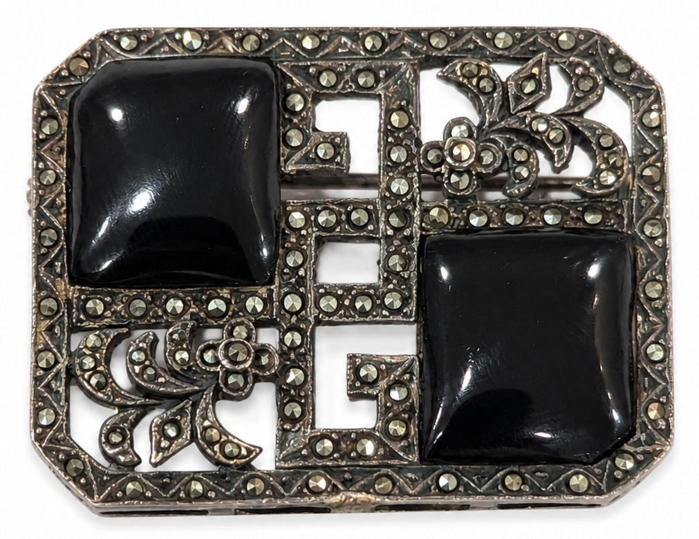 Sterling Silver, Black Onyx and Marcasite Geometric Brooch (1 of 3)
