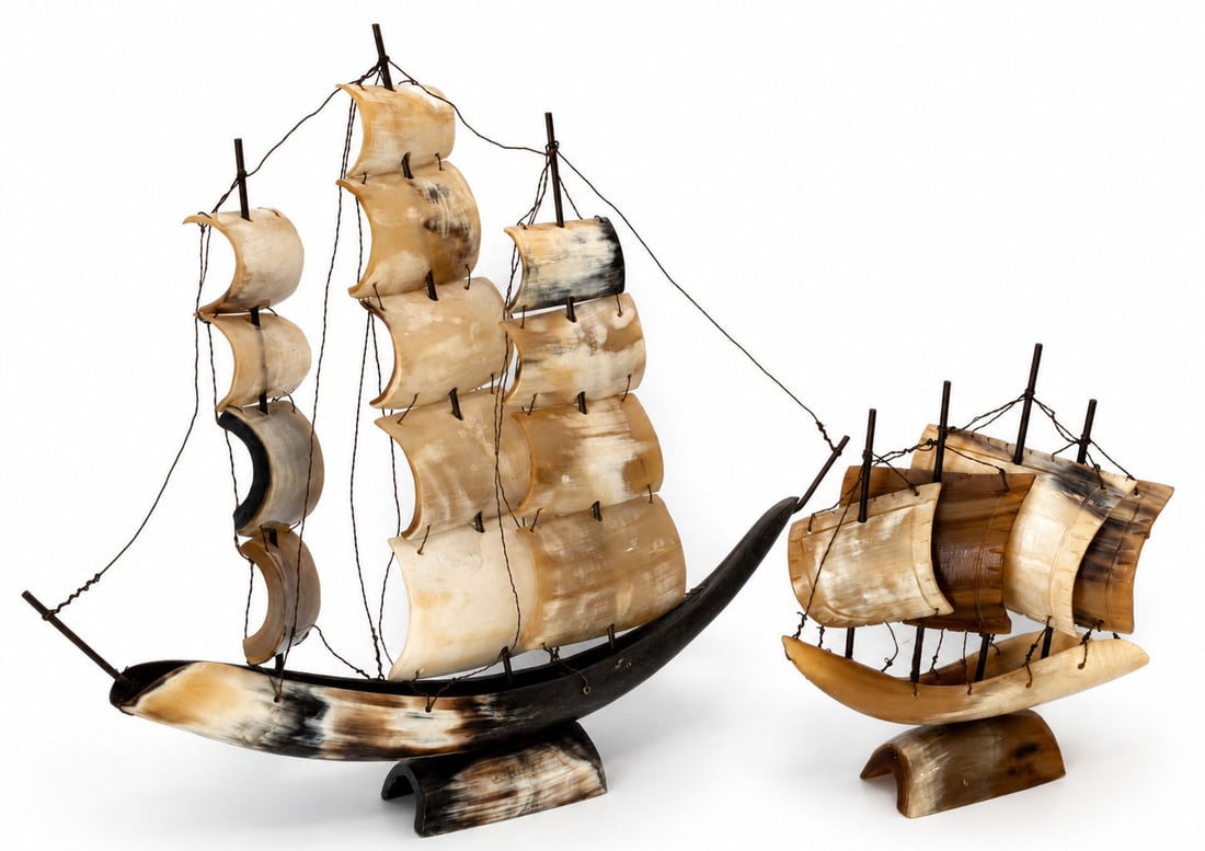 Pair of Handcrafted Horn Sailing Ship Sculptures (1 of 3)