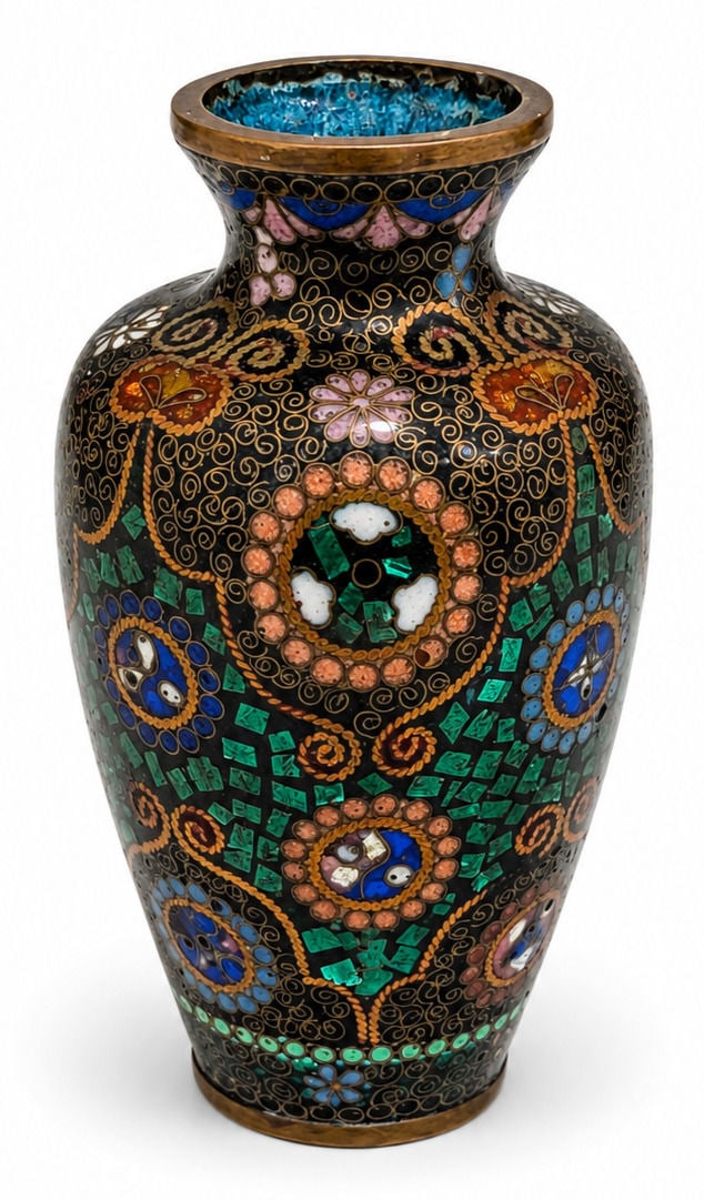 Antique Chinese Cloisonne Enamel Baluster Vase: An antique Chinese cloisonne enamel vase of elegant baluster form with a flared neck, richly decorated against a black enamel ground with intricate gilt wire scrollwork and geometric motifs. The body 