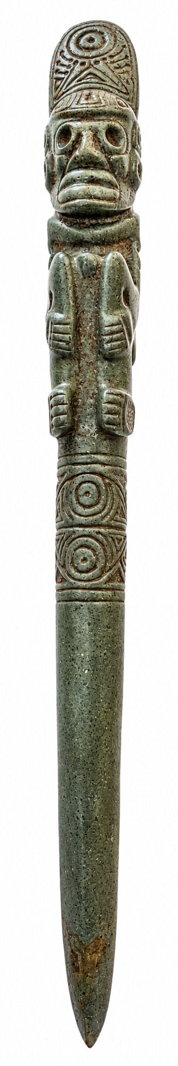Rare Pre Columbian Style Green Stone Figural Letter Opener or Ceremonial Object: Rare carved green stone figural object in the style of Pre Columbian Ta?no artifacts from Hispaniola. The piece features a stylized anthropomorphic figure with an elaborate headdress, deeply carved fa