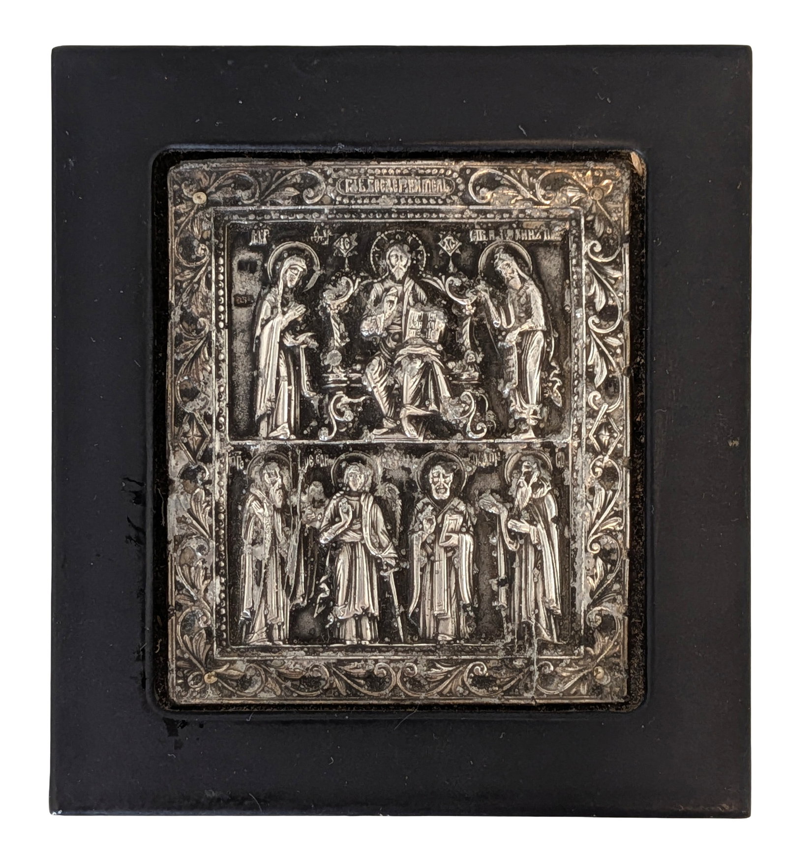 Greek Orthodox Silver 950 Icon of Christ Enthroned with Saints, Framed: Greek Orthodox icon featuring a 950 silver repousse overcoat ( riza ) depicting Christ Enthroned flanked by the Virgin Mary and St. John the Baptist in the upper register, with four haloed saints belo