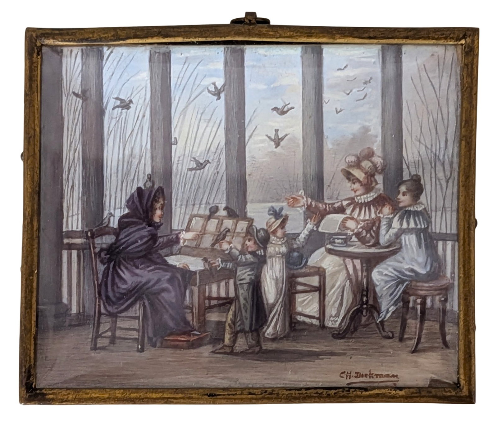 C.H. Deckmann Signed Genre Interior Scene Painting on Porcelain Plaque: A finely hand-painted porcelain plaque depicting a charming interior genre scene of elegantly dressed women and children gathered inside a conservatory or sunroom, interacting with birds perched throu