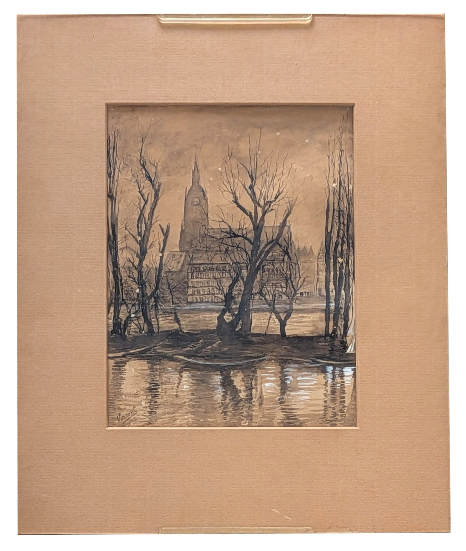 Winter Cityscape with Gothic Church Across a River Signed Vincent, 19th Century: A finely executed 19th century watercolor depicting a peaceful European riverside city in winter. Viewed from across a reflective body of water, the composition is framed by leafless trees that lead t
