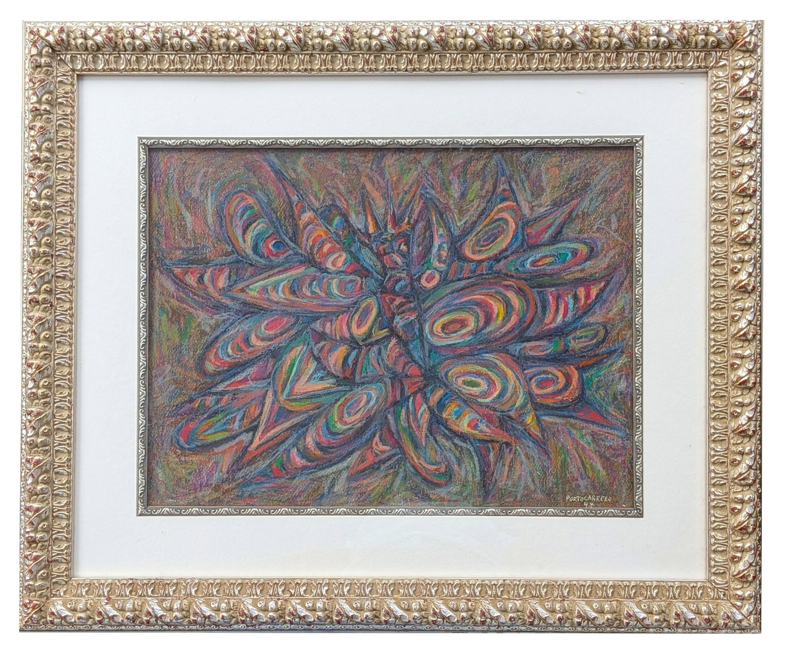 Rene Portocarrero (1912 - 1985) Cuban: Rene Portocarrero (1912 - 1985) Cuban Gouache on Paper Measure 13"in H x 17 1/2"in W and 22"in H x 26 1/2"in W x 2 1/2"in D framed Known for: Figure painting, set design, book illustration, ceramics, 