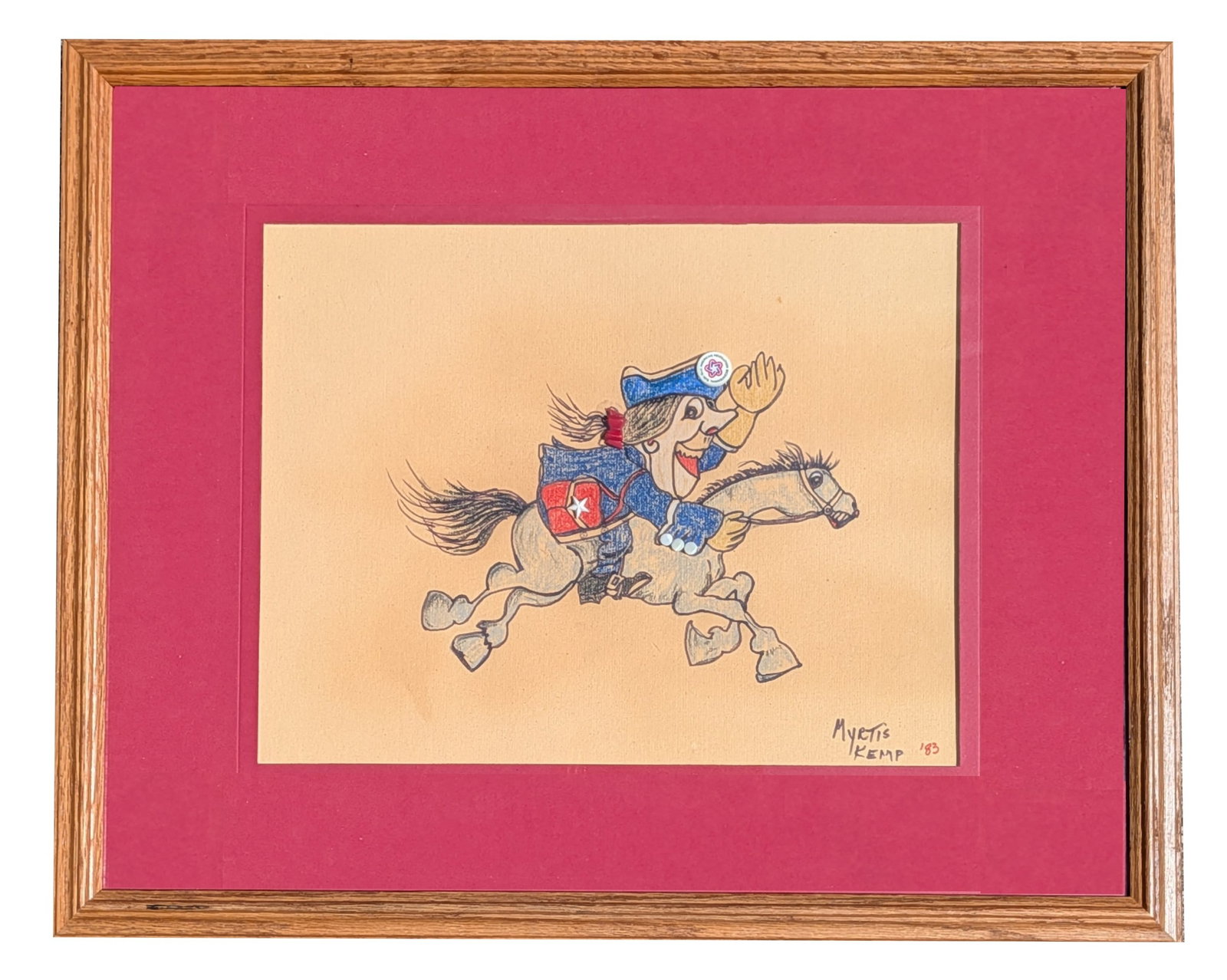 Myetis Kemp 1983 Original Colored Pencil Cartoon Drawing ? Horseback Rider ? Framed: Original signed colored pencil drawing by Myetis Kemp, dated 1983, featuring a whimsical cartoon style rider galloping on horseback. The humorous caricature depicts an exaggerated cowboy or cavalry-st