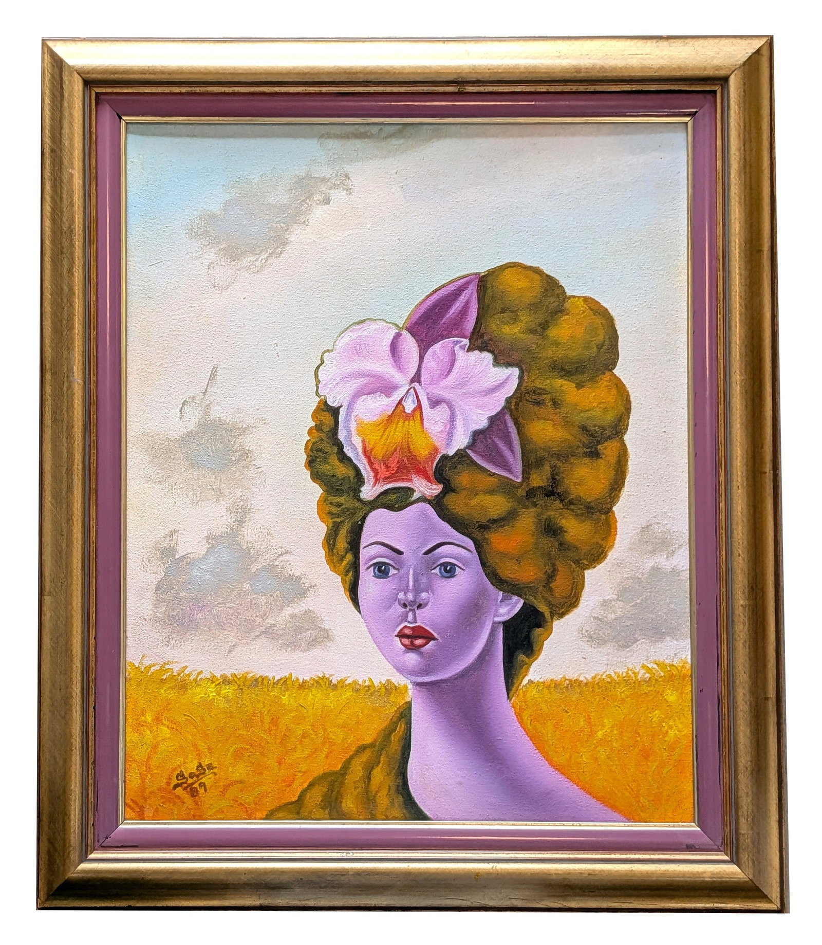 Signed Sosa 1989 Surreal Portrait Oil Painting of Purple Woman with Orchid ? Framed: Original signed oil painting on canvas featuring a striking surrealist portrait of a purple skinned woman wearing an elaborate sculptural hairstyle crowned with a blooming orchid. Set against a golden