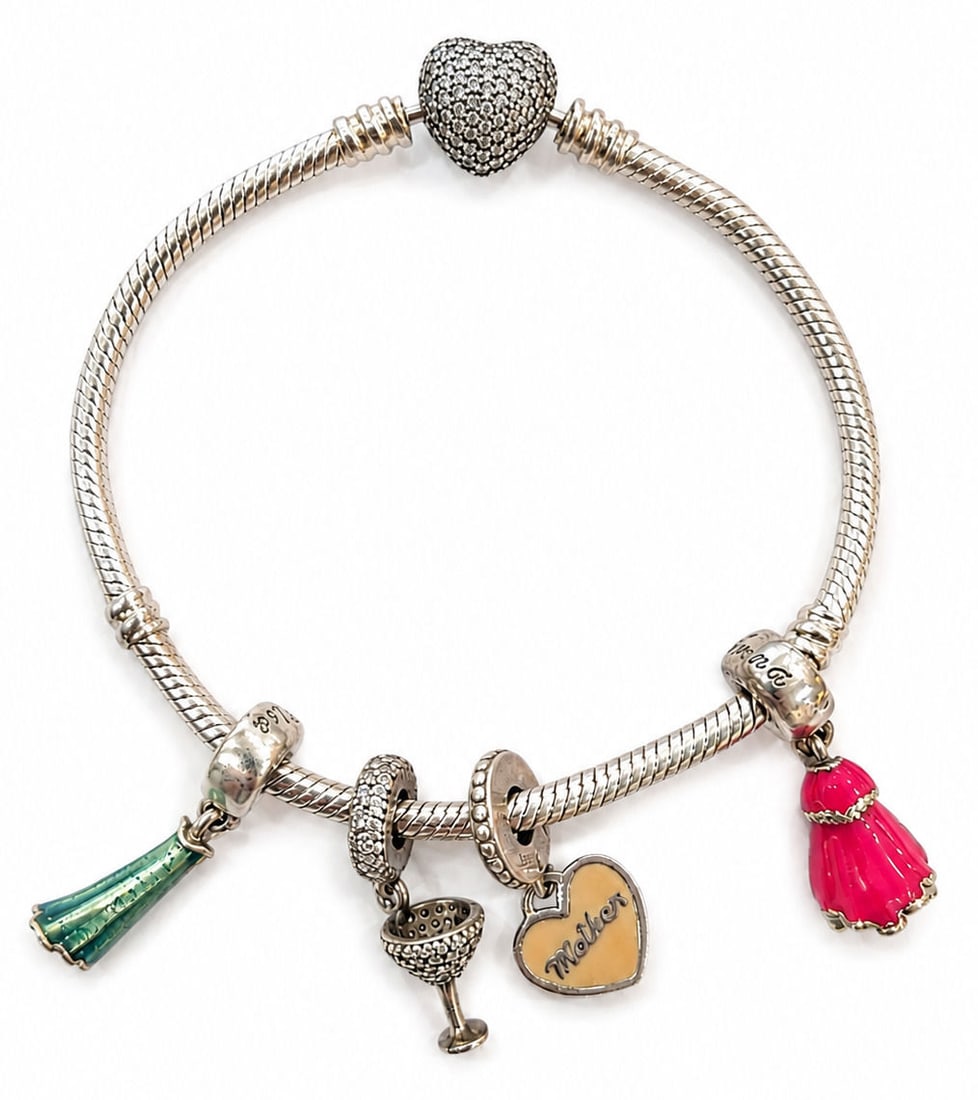 Pandora Sterling Silver Snake Chain Charm Bracelet with Pave Heart Clasp: Authentic Pandora sterling silver snake chain charm bracelet featuring a sparkling pav? heart clasp and an assortment of decorative charms. This bracelet includes a colorful mix of enamel, pav?, and d