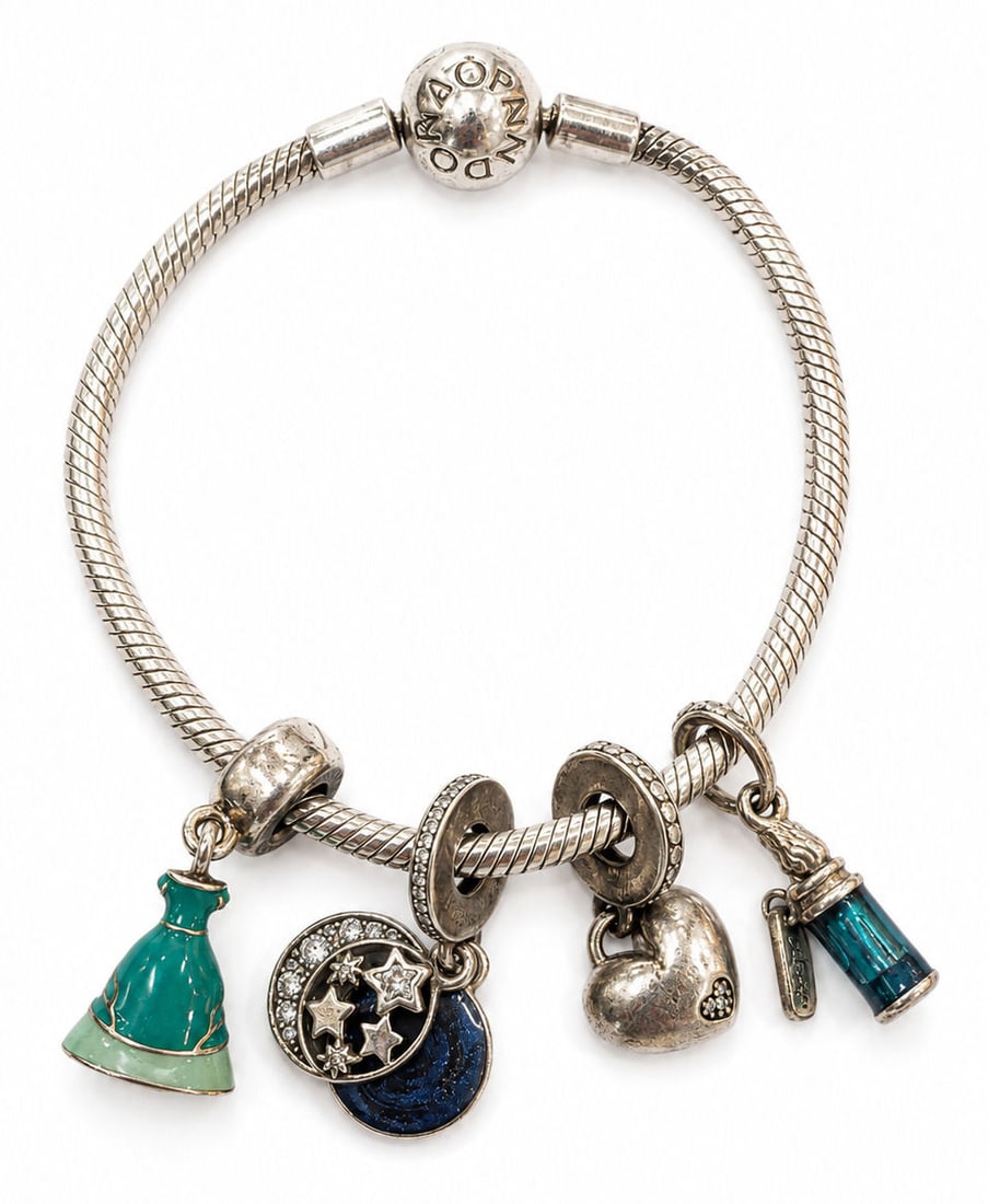 Pandora Sterling Silver Snake Chain Charm Bracelet with Mixed Enamel & Dangle Charms (1 of 4)