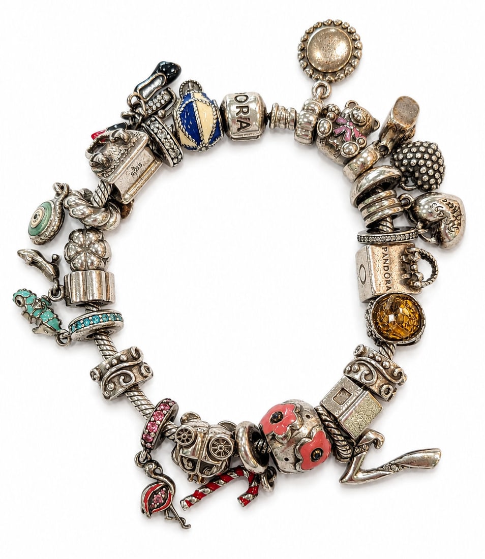 Pandora Sterling Silver Snake Chain Charm Bracelet with Mixed Enamel & Dangle Charms (1 of 5)