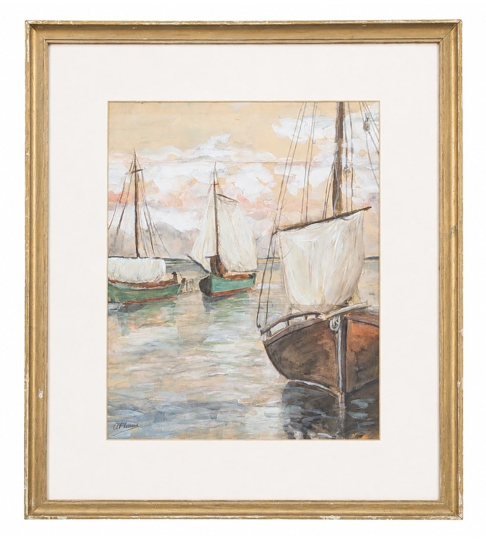 Anthony Thieme (1888 - 1954) American: Anthony Thieme (1888 - 1954) American Watercolor on Paper Measure 17"in H x 13 1/2"in W and 25 1/4"in H x 21 1/2"in W framed Known for: Coastal landscape and townscape painting Name variants: Anthony 