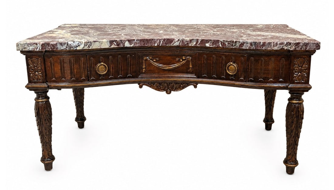 French Louis XVI Style Kidney Form Marble Top Console Writing Desk (1 of 5)