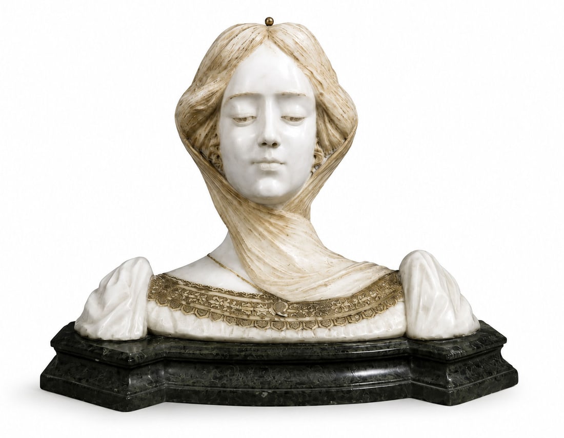 Art Nouveau Alabaster Bust of "Beatrice" on Marble Base (1 of 8)