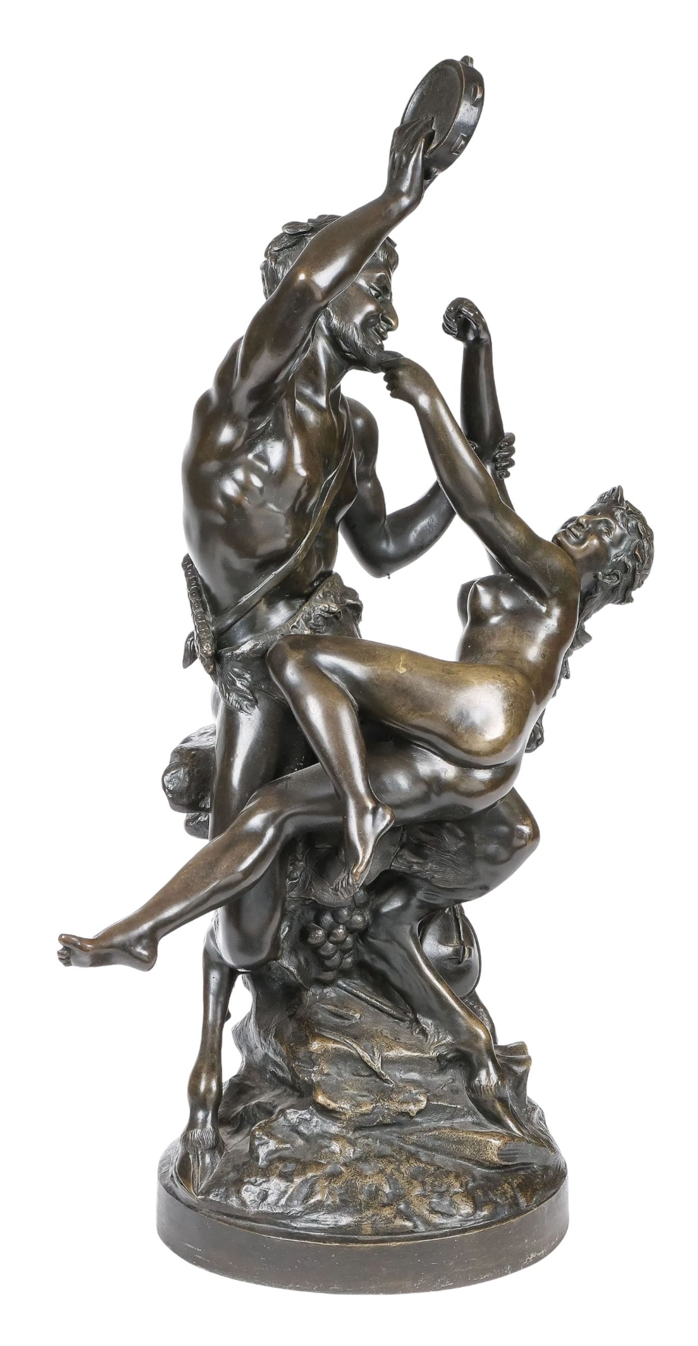 19th Century Bronze Figural Group of a Satyr and Bacchante Signed Clodion: A 19th century cast bronze sculpture depicting a joyful, bacchanalian scene signed Clodion. The composition features a cloven hoofed satyr holding a raised tambourine overhead while cradling a nymph /