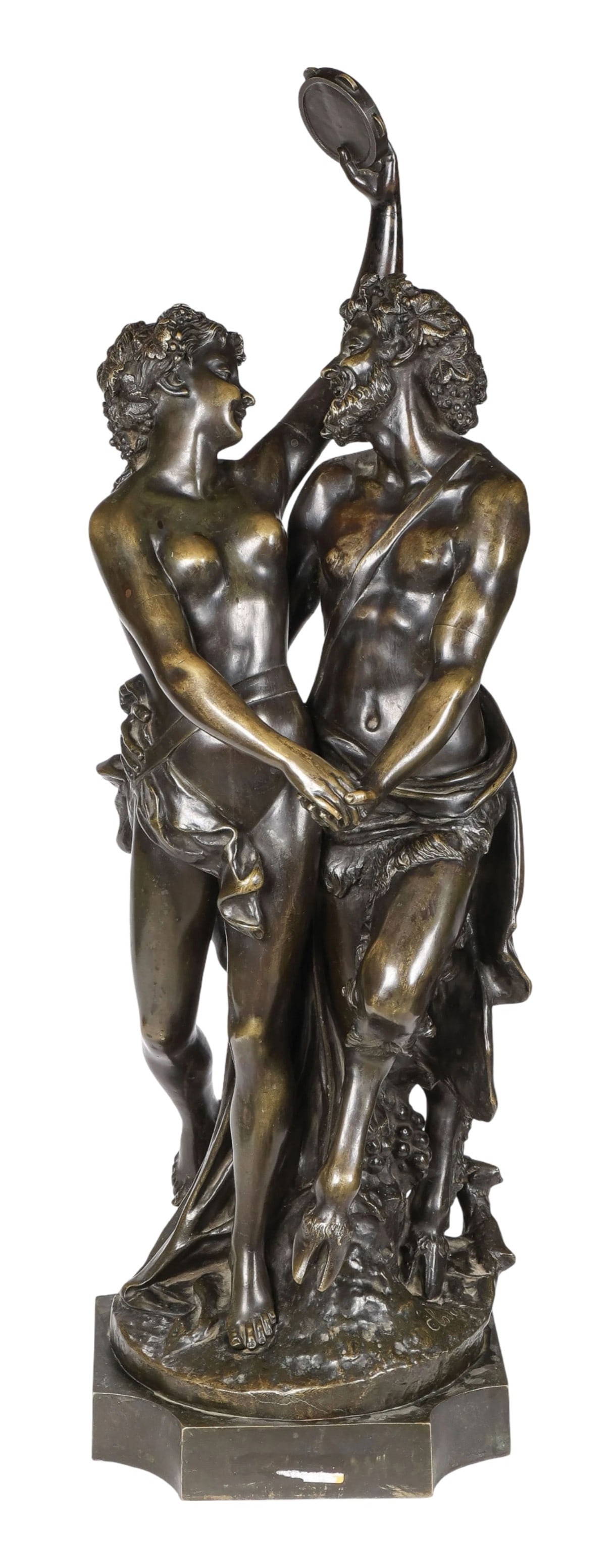 19th Century Bronze Figural Group of a Satyr and Bacchante Signed Clodion: A 19th century cast bronze sculpture depicting a standing satyr and bacchante (nymph) in a celebratory, bacchanalian embrace. The satyr holds a tambourine aloft with his left hand while holding hands 