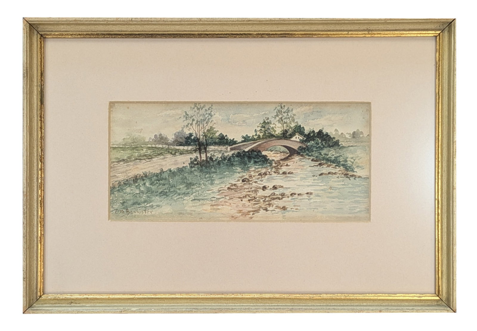 Edward Mitchell Bannister ( 1828 - 1901 ) Canada: Edward Mitchell Bannister ( 1828 - 1901 ) Canada Watercolor on Paper Measure 3 1/4"in H x 7 1/4"in W and 8 1/4"in H x 12"in W framed Known for: Idealized landscape, marine, portrait and still life pai