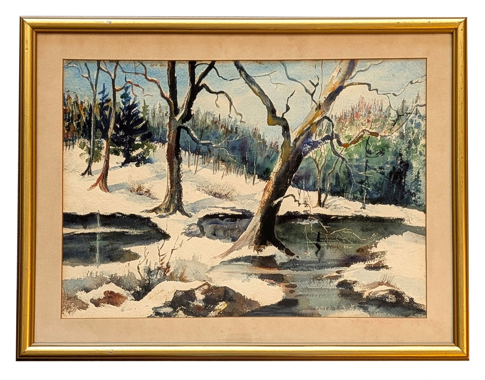 William Lester Stevens (1888 - 1969) American: William Lester Stevens (1888 - 1969) American Watercolor on Paper Measure 14 1/2"in H x 20 1/2"in W and 19 1/2"in H x 25 1/2"in W framed Known for: Landscape, marine, genre and still life painting, te