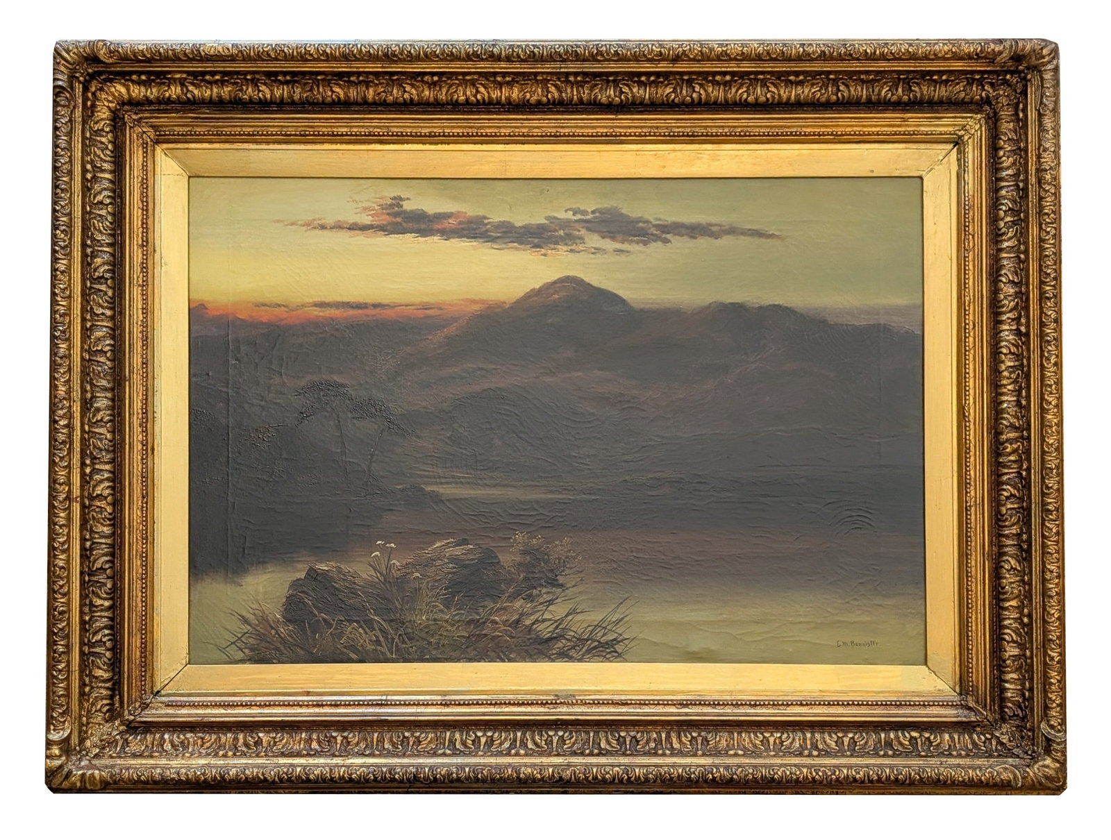 Edward Mitchell Bannister ( 1828 - 1901 ) Canada: Edward Mitchell Bannister ( 1828 - 1901 ) Canada Oil on Canvas Measure 22 1/4"in H x 32 1/4"in W and 30"in H x 39 3/4"in W x 3 1/4"in D framed Known for: Idealized landscape, marine, portrait and stil