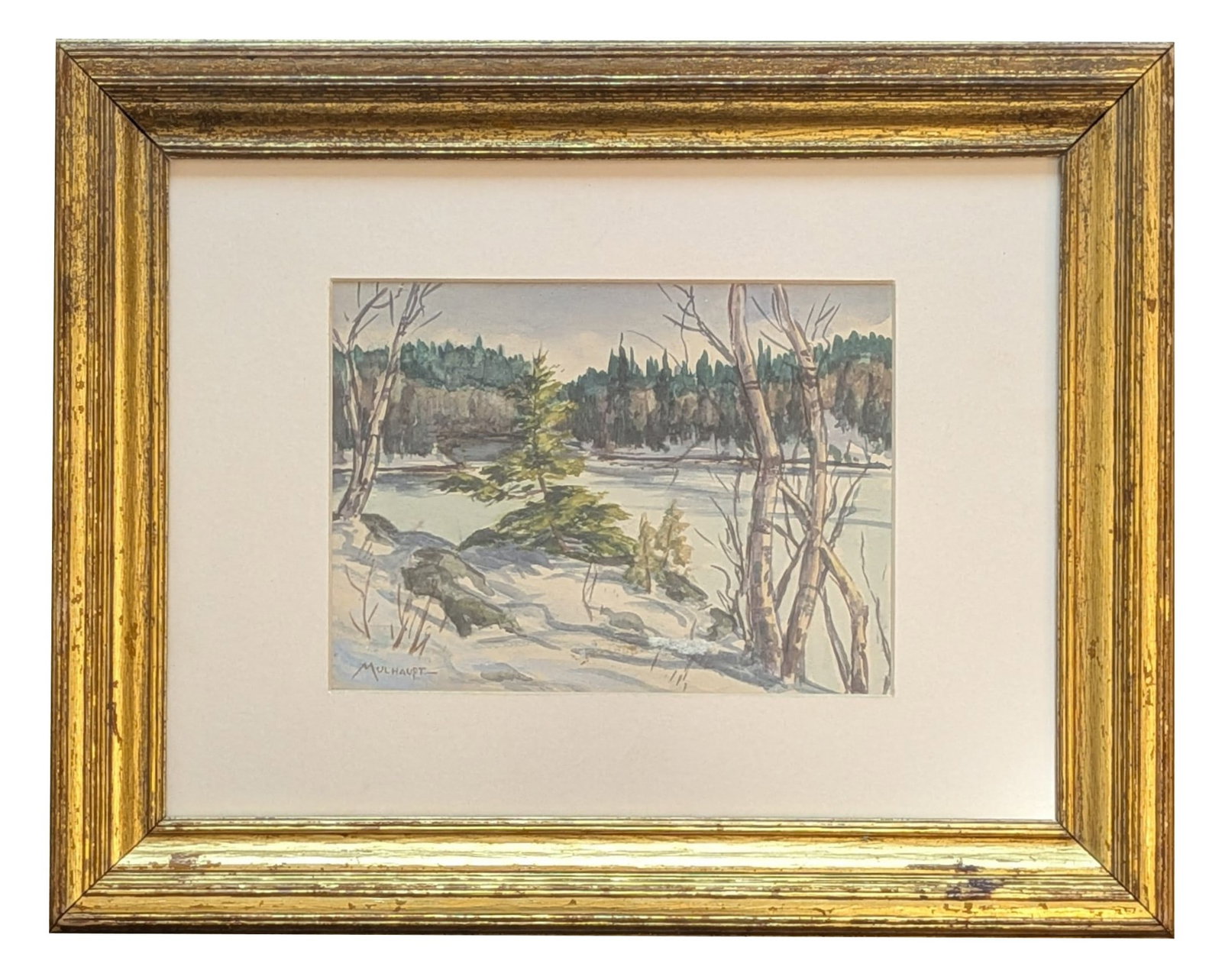 Frederick John Mulhaupt (1871 - 1938) American: Frederick John Mulhaupt (1871 - 1938) American Watercolor on Paper Measure 5 1/4"in H x 7 1/4"in W and 11 1/2"in H x 14 1/2"in W framed Known for: Harbor scenes, landscape and figure painting Name var