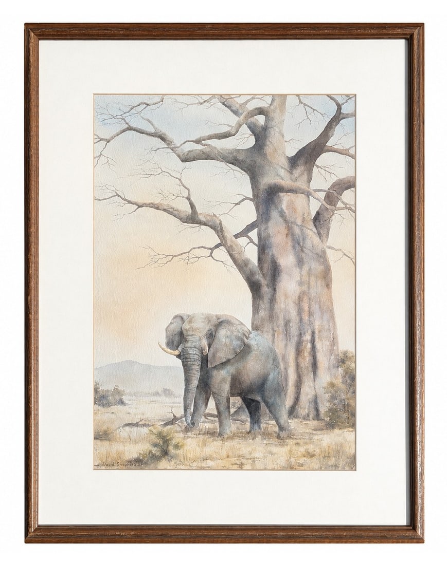 David (Richard David) Shepherd (1931 - 2017) England: David (Richard David) Shepherd (1931 - 2017) England Watercolor on Paper Measure 19 3/4"in H x 14 1/2"in W and 27 1/2"in H x 22 1/2"in W framed Known for: Large wild animal in landscape painting Biogr