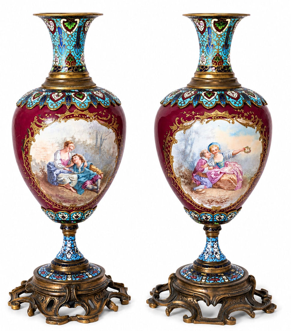 Pair of French Champleve Enamel Sevres Porcelain Vases on Bronze Mounts, Late 19th Century (1 of 10)