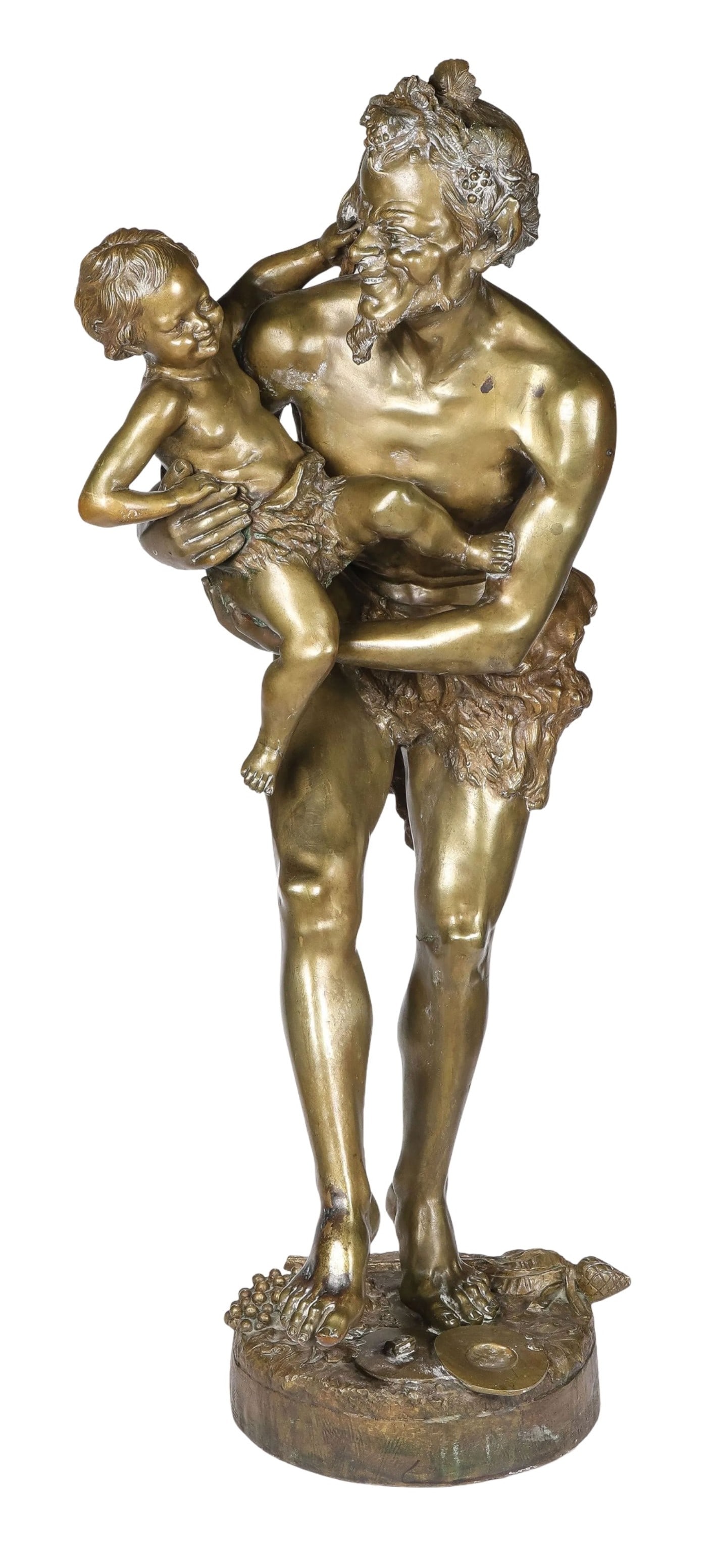 Karl Thylmann ( 1888 - 1916 ) German: Karl Thylmann ( 1888 - 1916 ) German Bronze Sculpture A finely cast golden brown bronze figural group depicting a smiling satyr holding the young infant Bacchus (Dionysus) in his arms. The playful chi