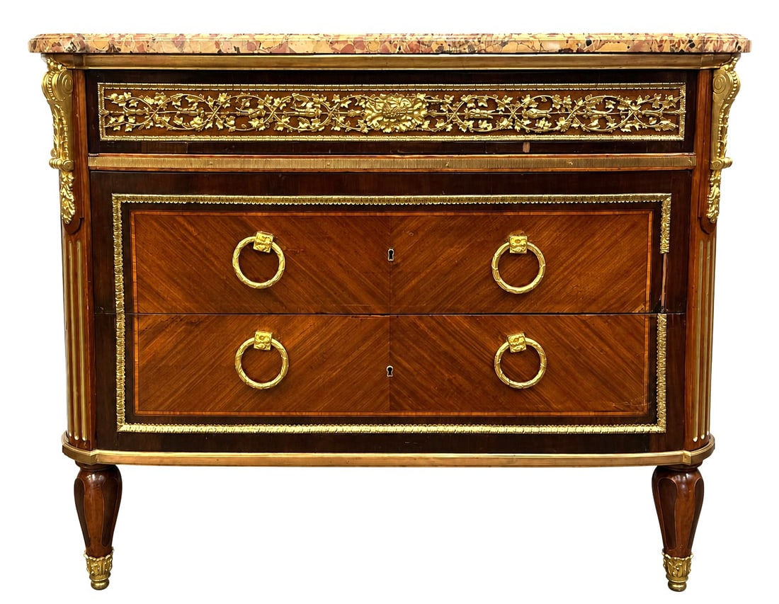 Important Louis XVI Style Commode by Haentges Freres with Marble Top and Gilt Bronze Mounts (1 of 7)
